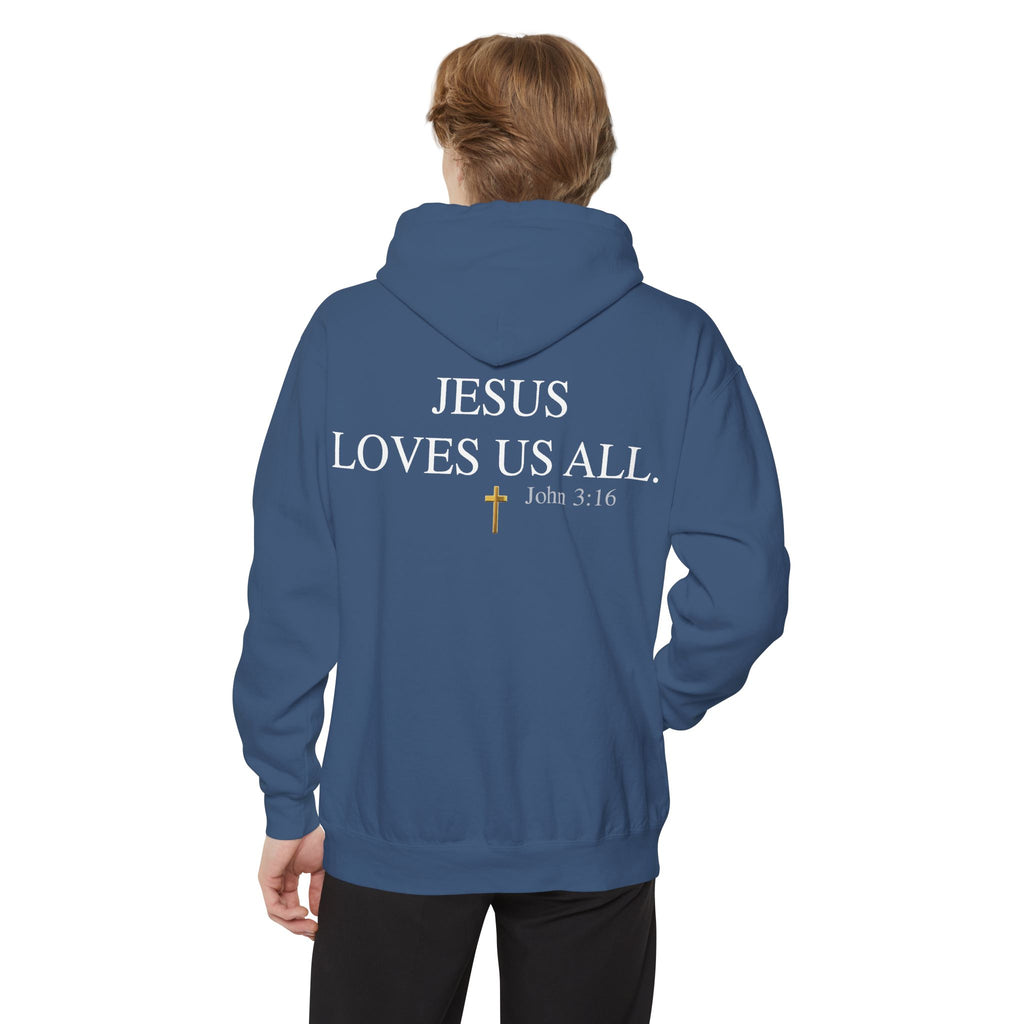 Jesus Loves Us All Hoodie - John 3:16 (White Logo)