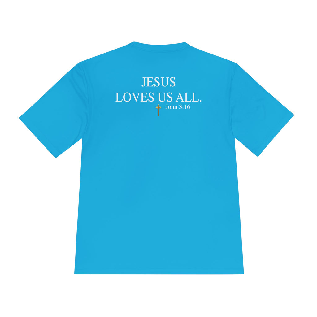 Jesus Loves Us All. — John 3:16 — Unisex Athletic Warm-Up Shirt (White Logo)