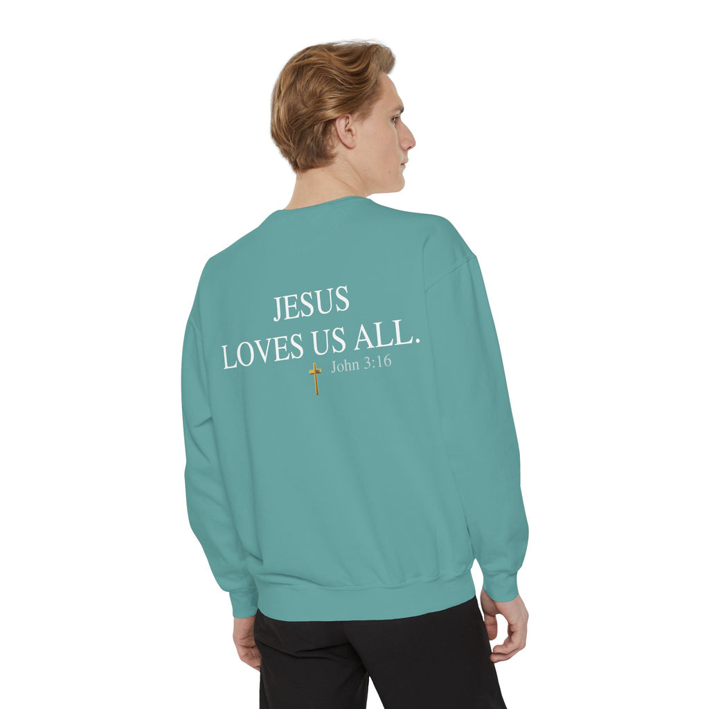 Jesus Loves Us All Sweatshirt – John 3:16 (White Logo)
