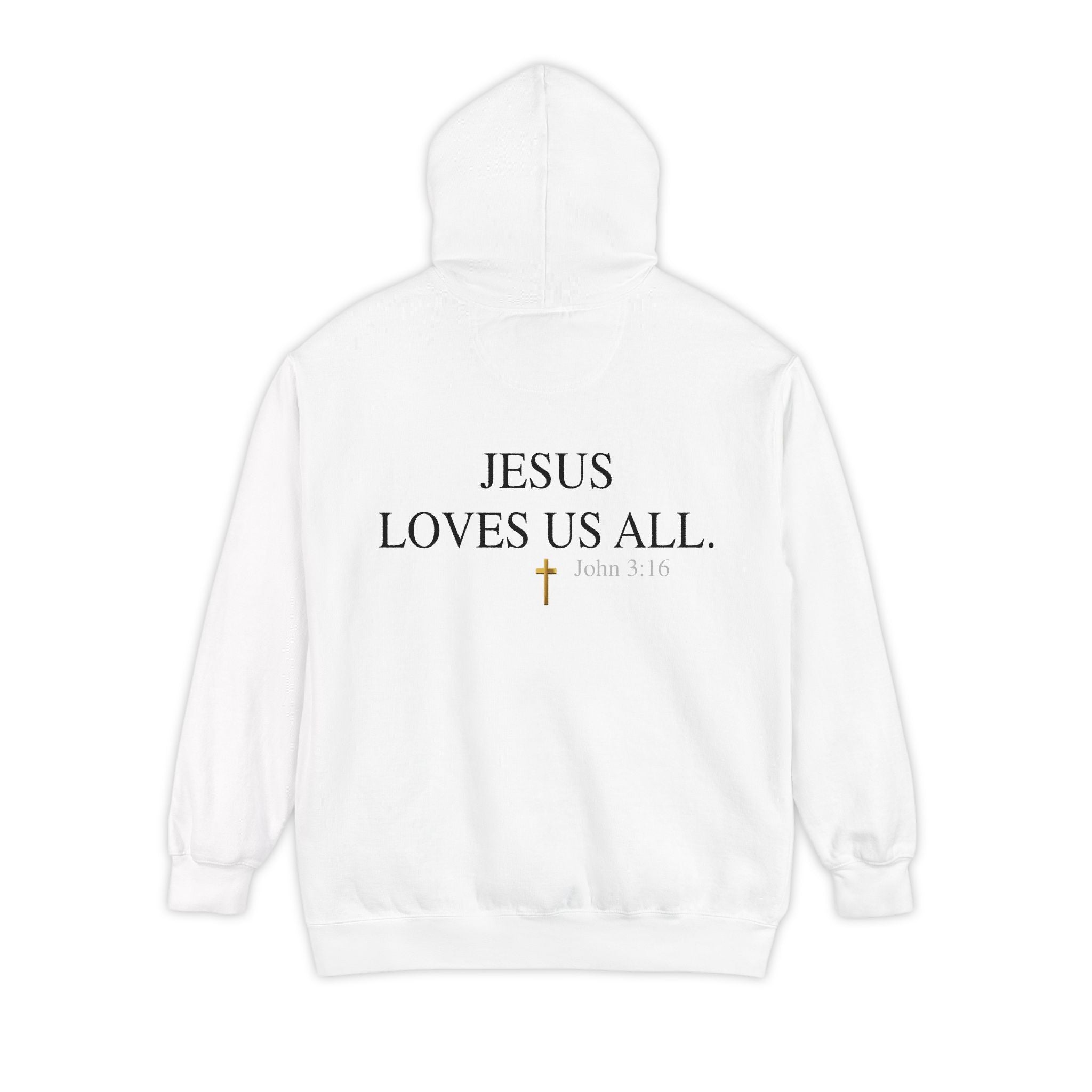 Jesus Loves Us All Hoodie - John 3:16 (Black Logo)