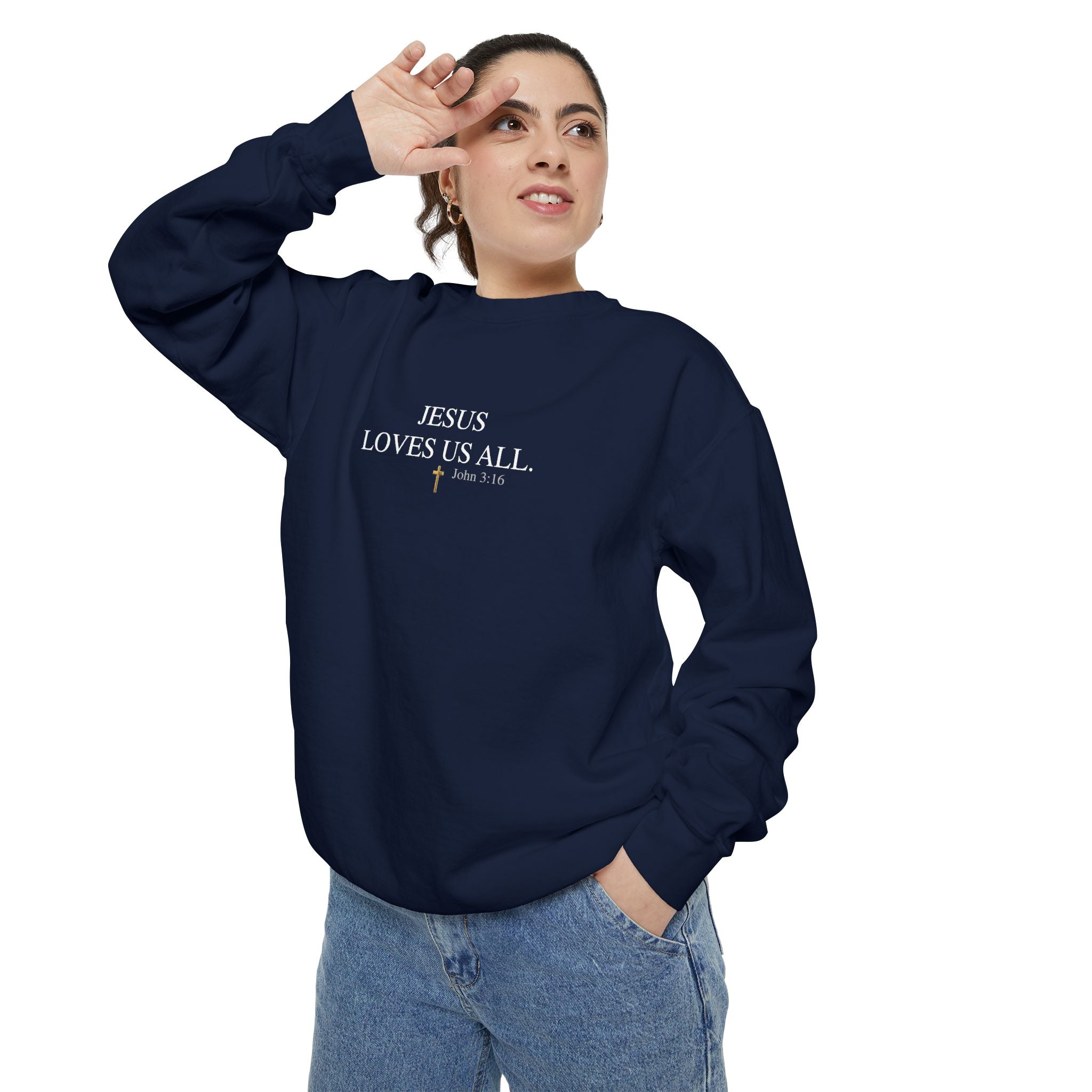Jesus Loves Us All Sweatshirt – John 3:16 (White Logo)