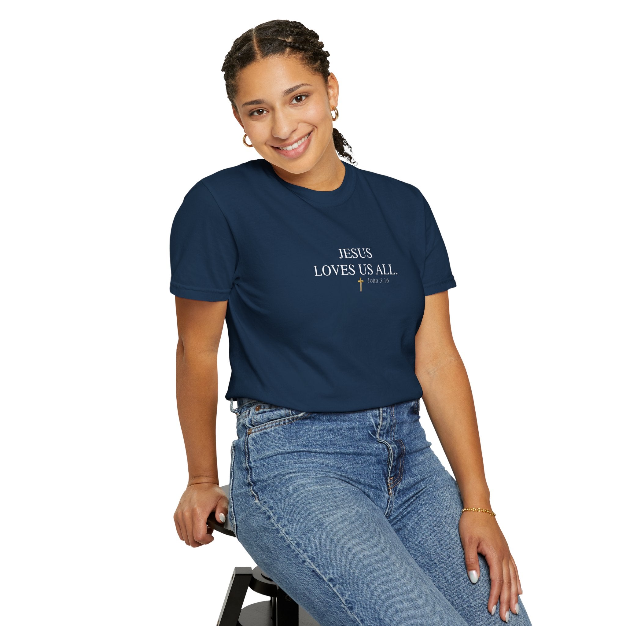 Jesus Loves Us All T-Shirt — John 3:16  (White Logo)