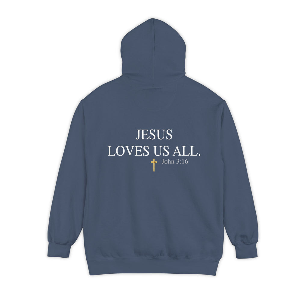 Jesus Loves Us All Hoodie - John 3:16 (White Logo)