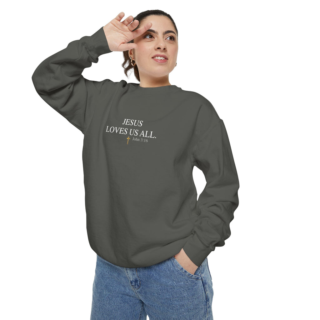 Jesus Loves Us All Sweatshirt – John 3:16 (White Logo)
