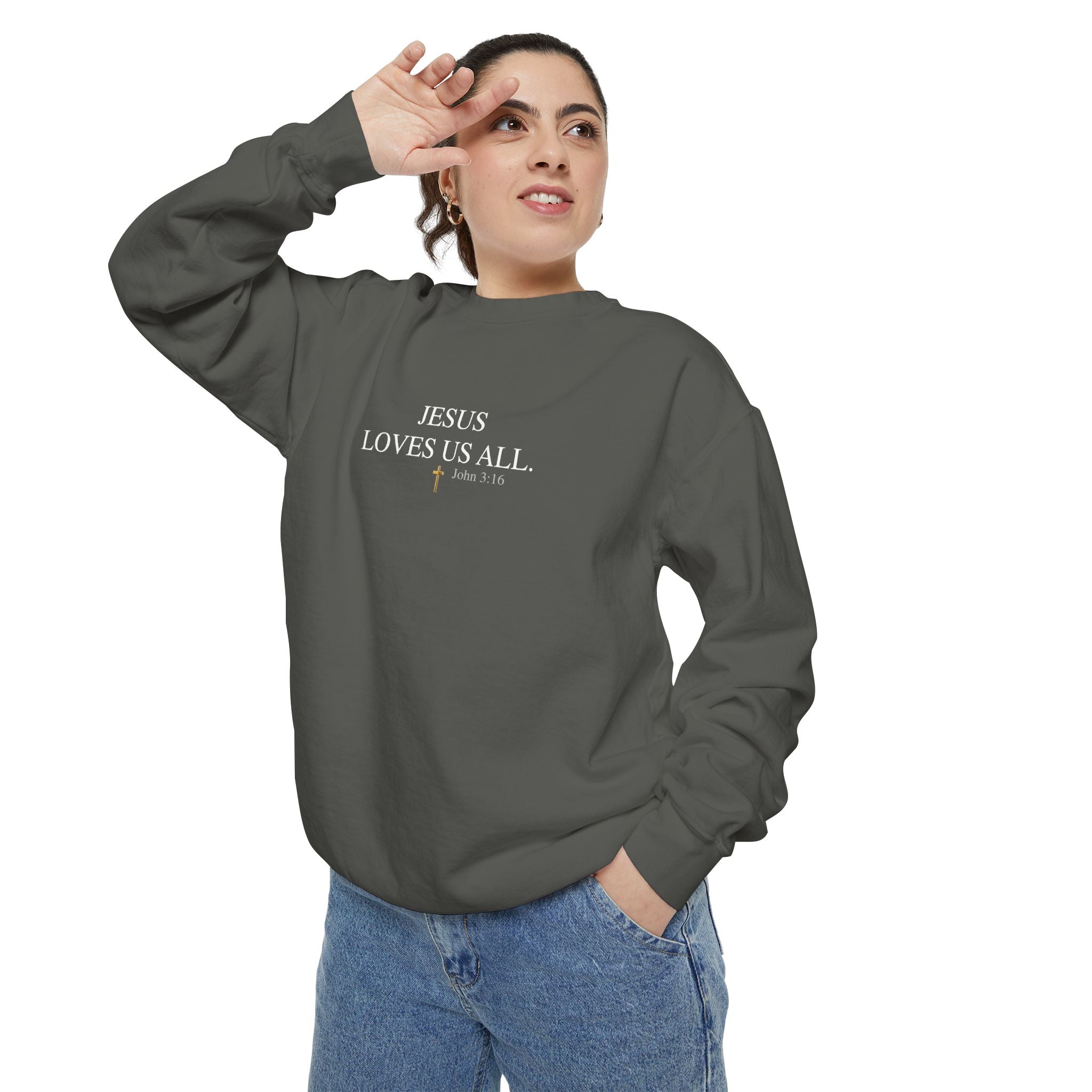 Jesus Loves Us All Sweatshirt – John 3:16 (White Logo)