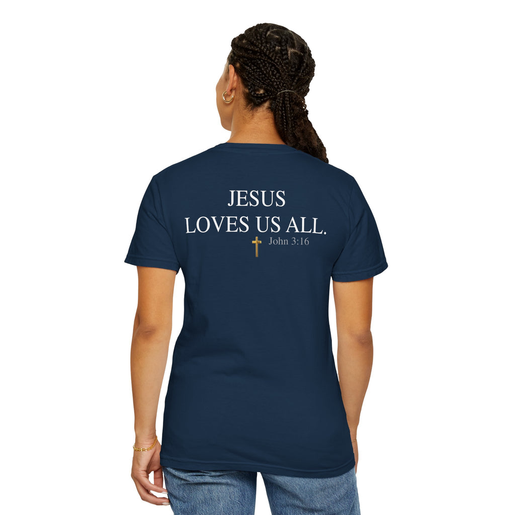 Jesus Loves Us All T-Shirt — John 3:16  (White Logo)