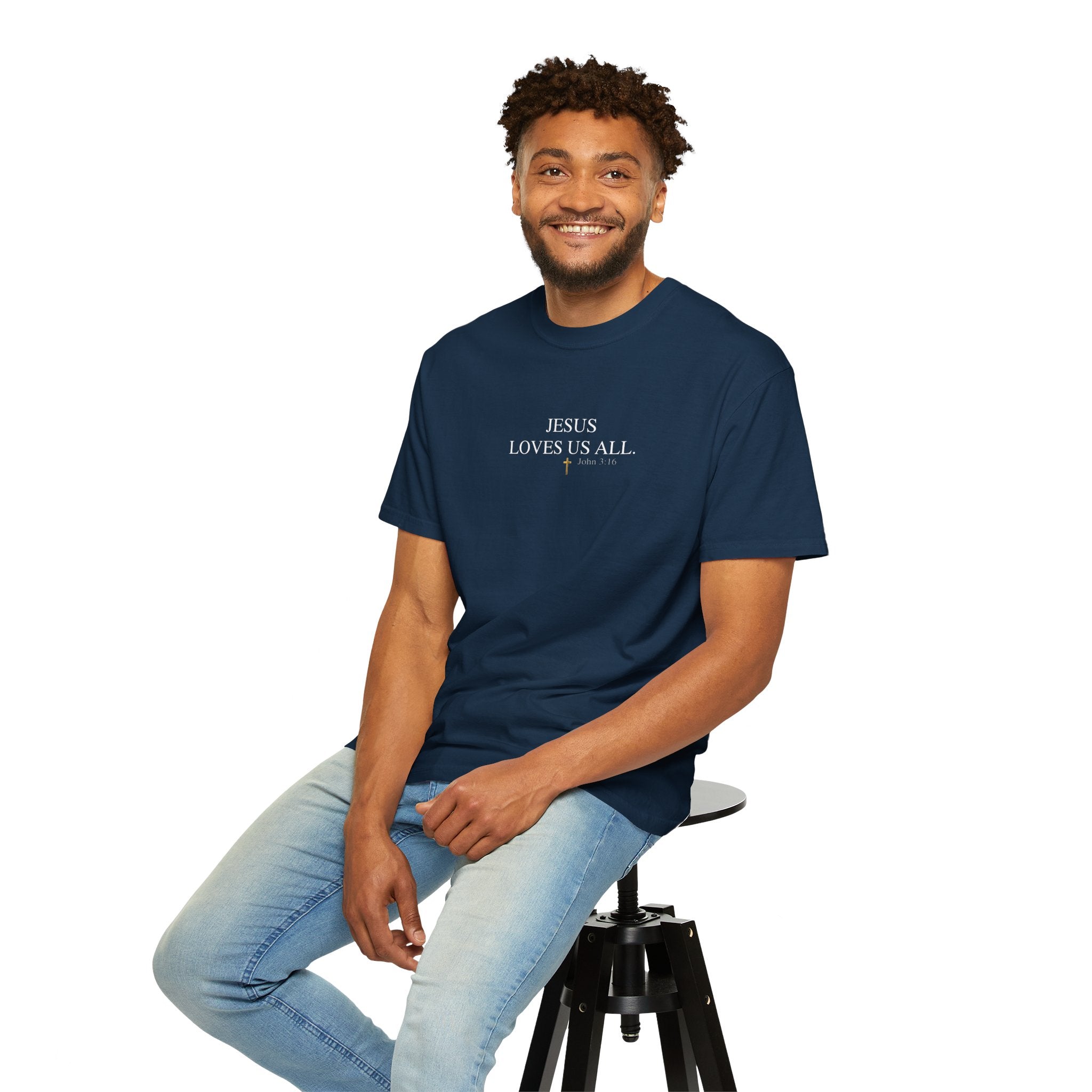 Jesus Loves Us All T-Shirt — John 3:16  (White Logo)