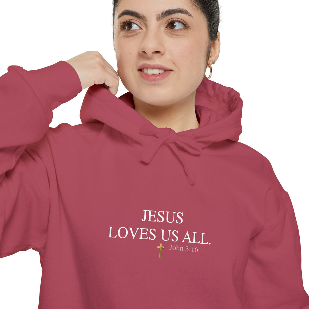 Jesus Loves Us All Hoodie - John 3:16 (White Logo)