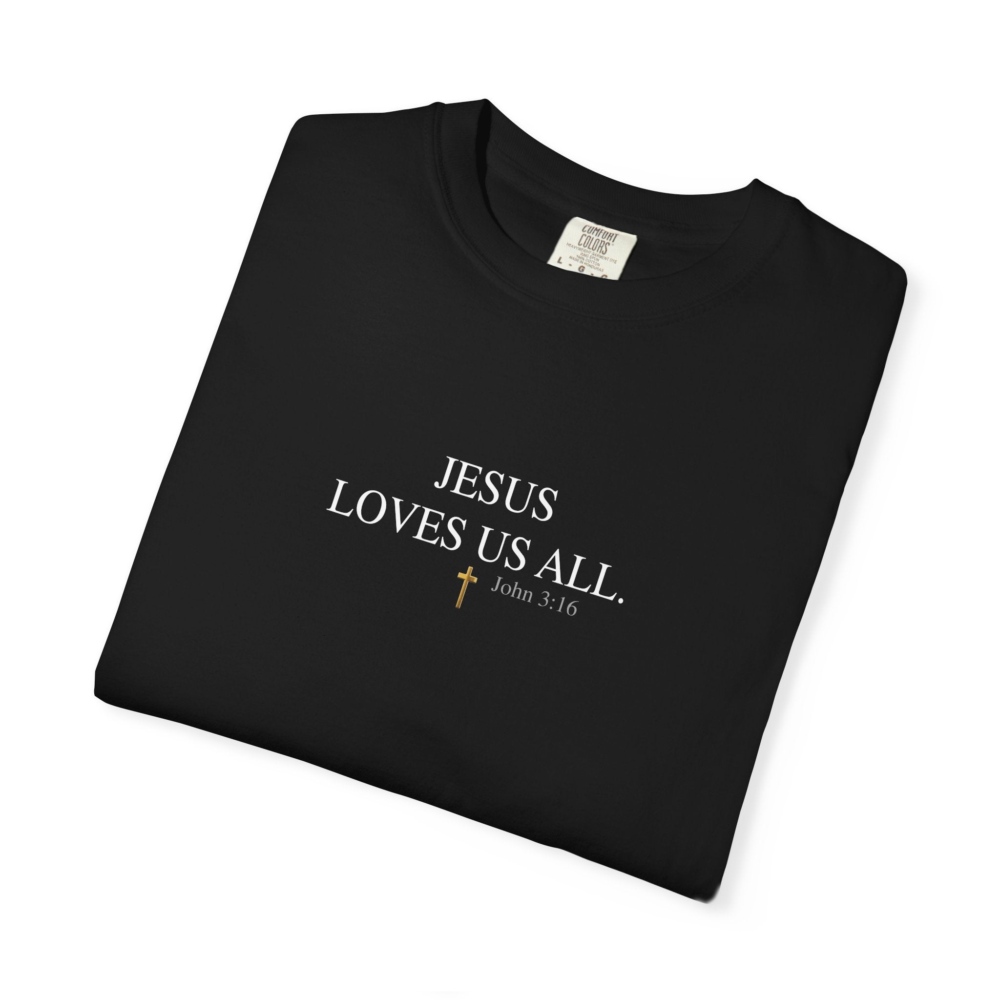 Jesus Loves Us All T-Shirt — John 3:16  (White Logo)