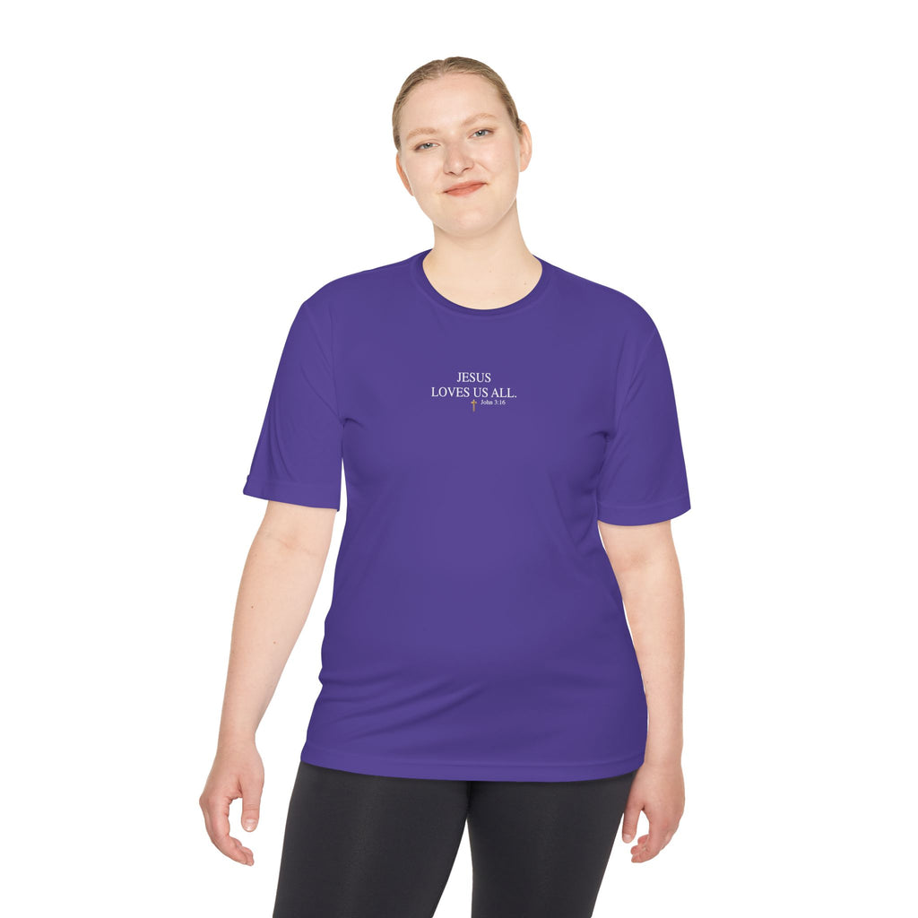 Jesus Loves Us All. — John 3:16 — Unisex Athletic Warm-Up Shirt (White Logo)