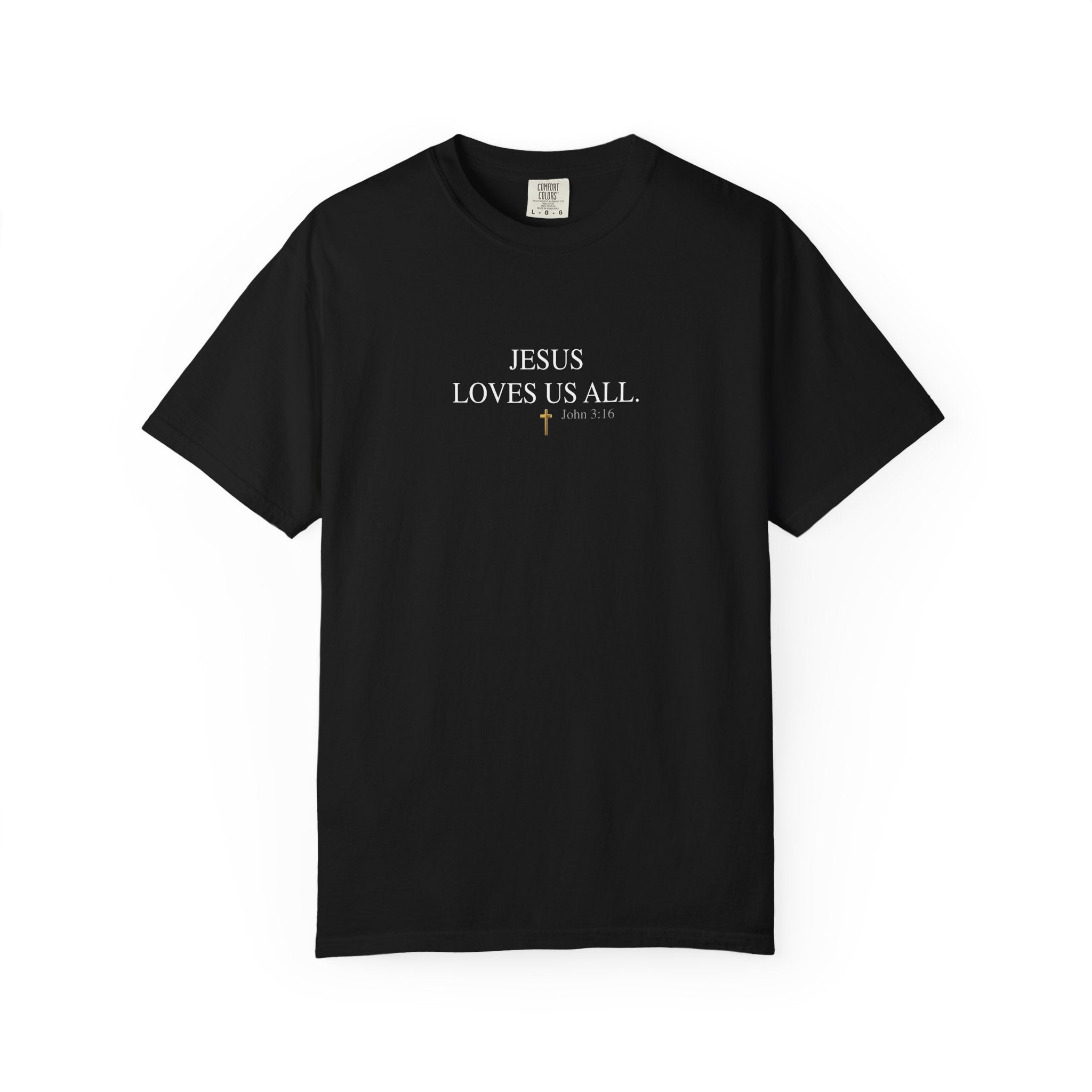Jesus Loves Us All T-Shirt — John 3:16  (White Logo)
