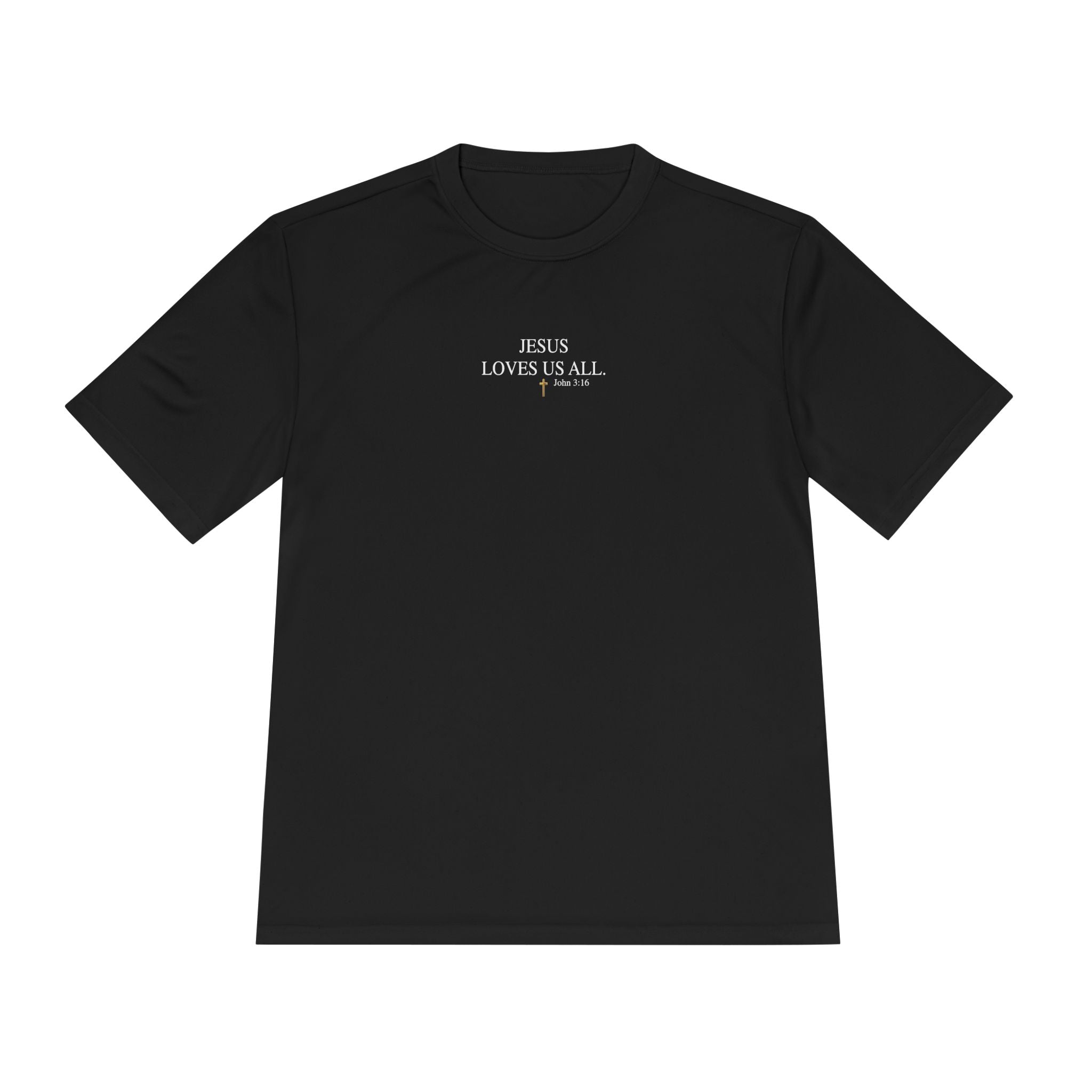 Jesus Loves Us All. — John 3:16 — Unisex Athletic Warm-Up Shirt (White Logo)