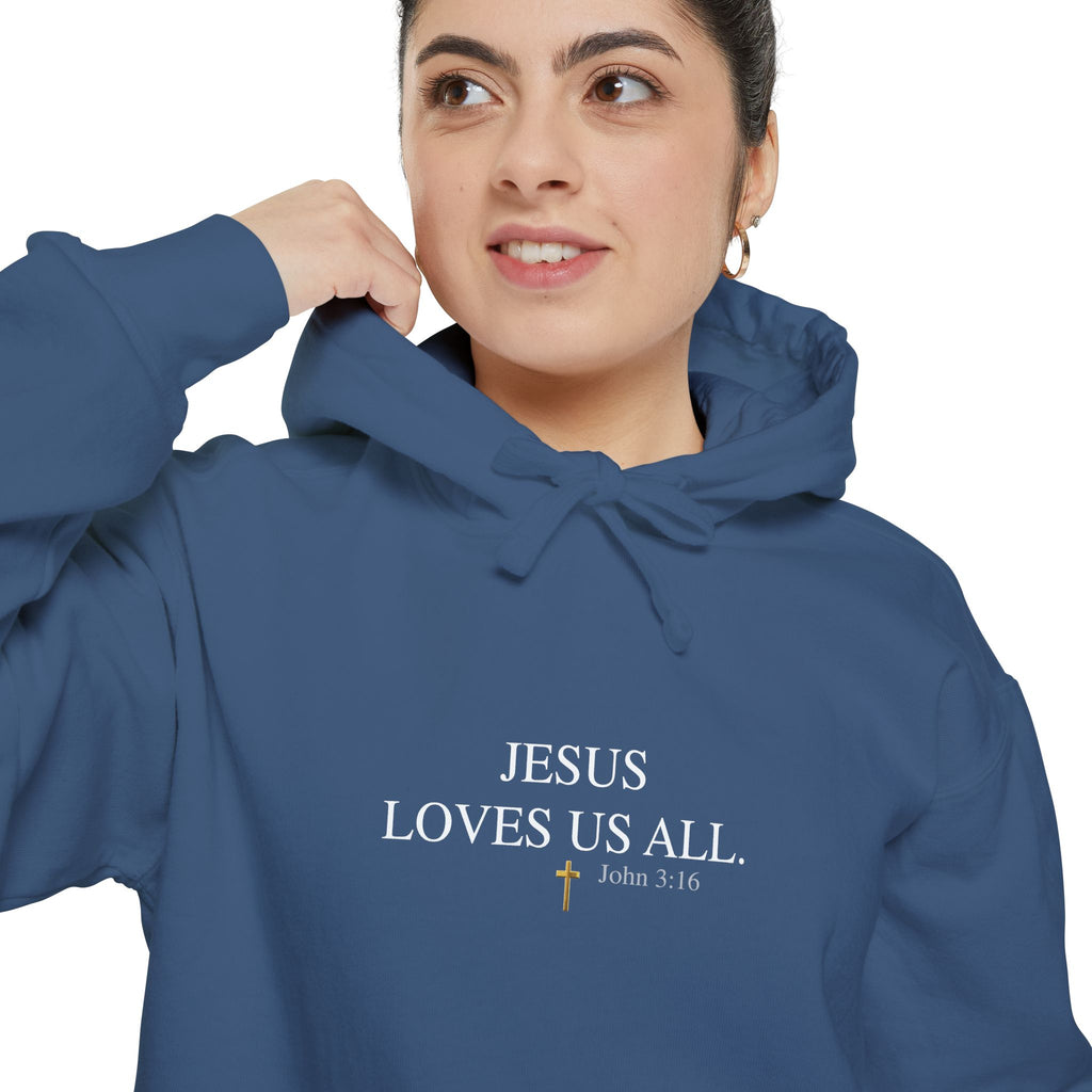 Jesus Loves Us All Hoodie - John 3:16 (White Logo)