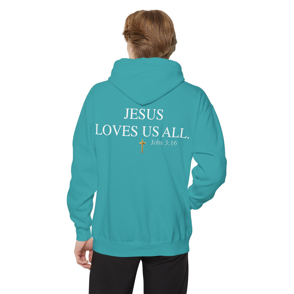 Jesus Loves Us All Hoodie - John 3:16 (White Logo)