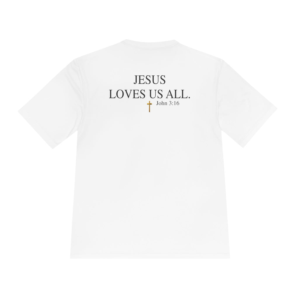 Jesus Loves Us All. — John 3:16 — Unisex Athletic Warm-Up Shirt (Black Logo)