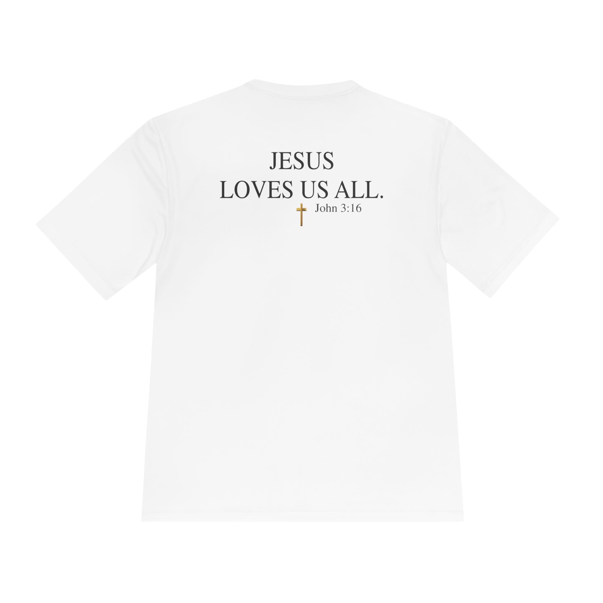 Jesus Loves Us All. — John 3:16 — Unisex Athletic Warm-Up Shirt (Black Logo)