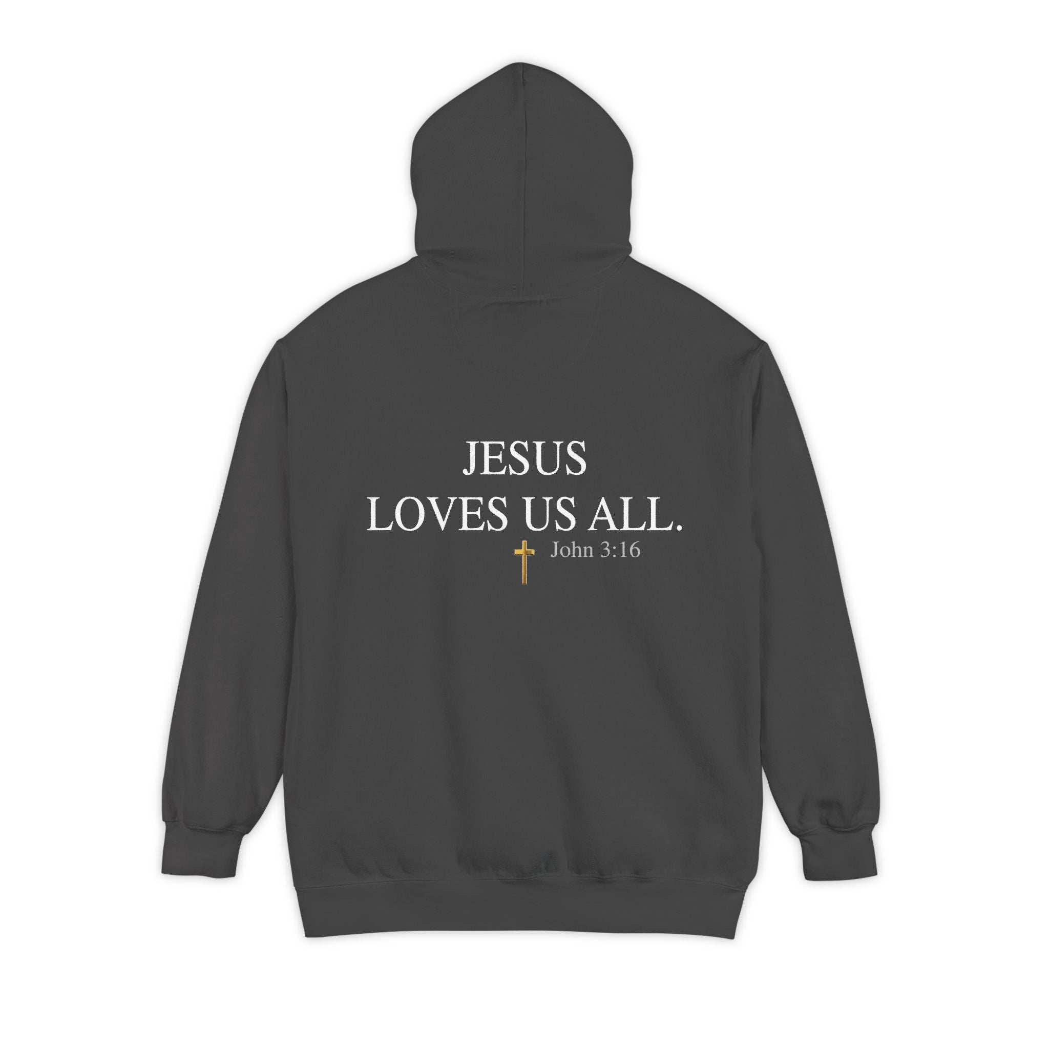 Jesus Loves Us All Hoodie - John 3:16 (White Logo)