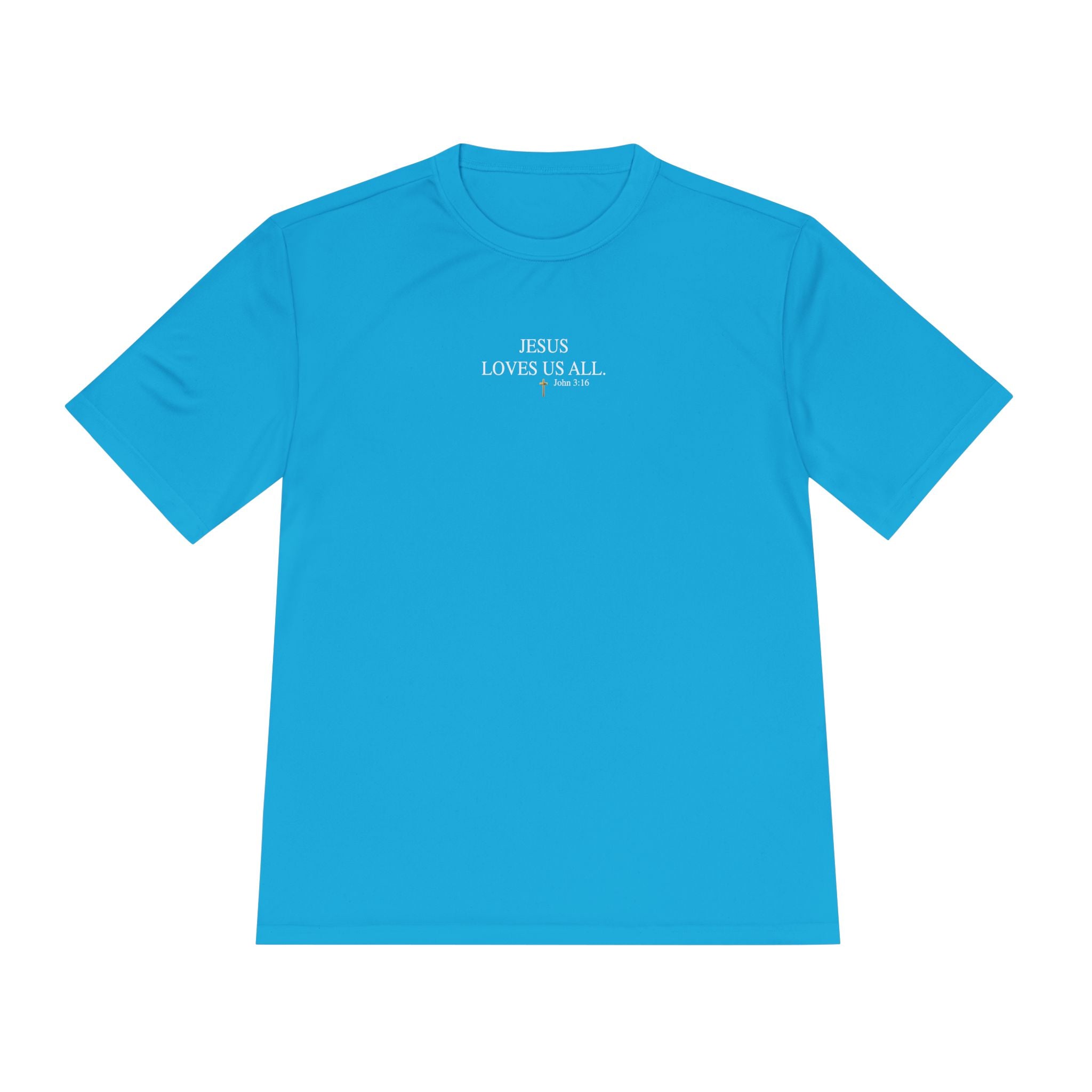 Jesus Loves Us All. — John 3:16 — Unisex Athletic Warm-Up Shirt (White Logo)
