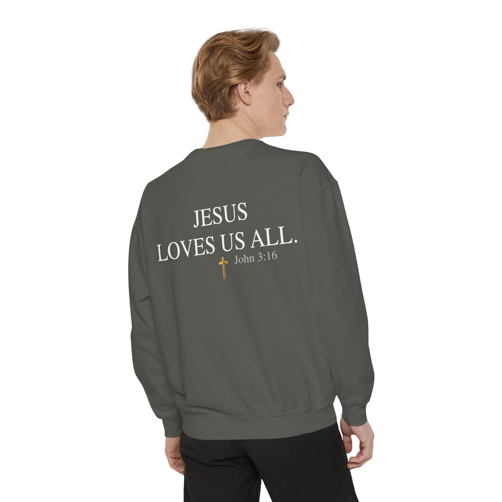 Jesus Loves Us All Sweatshirt – John 3:16 (White Logo)