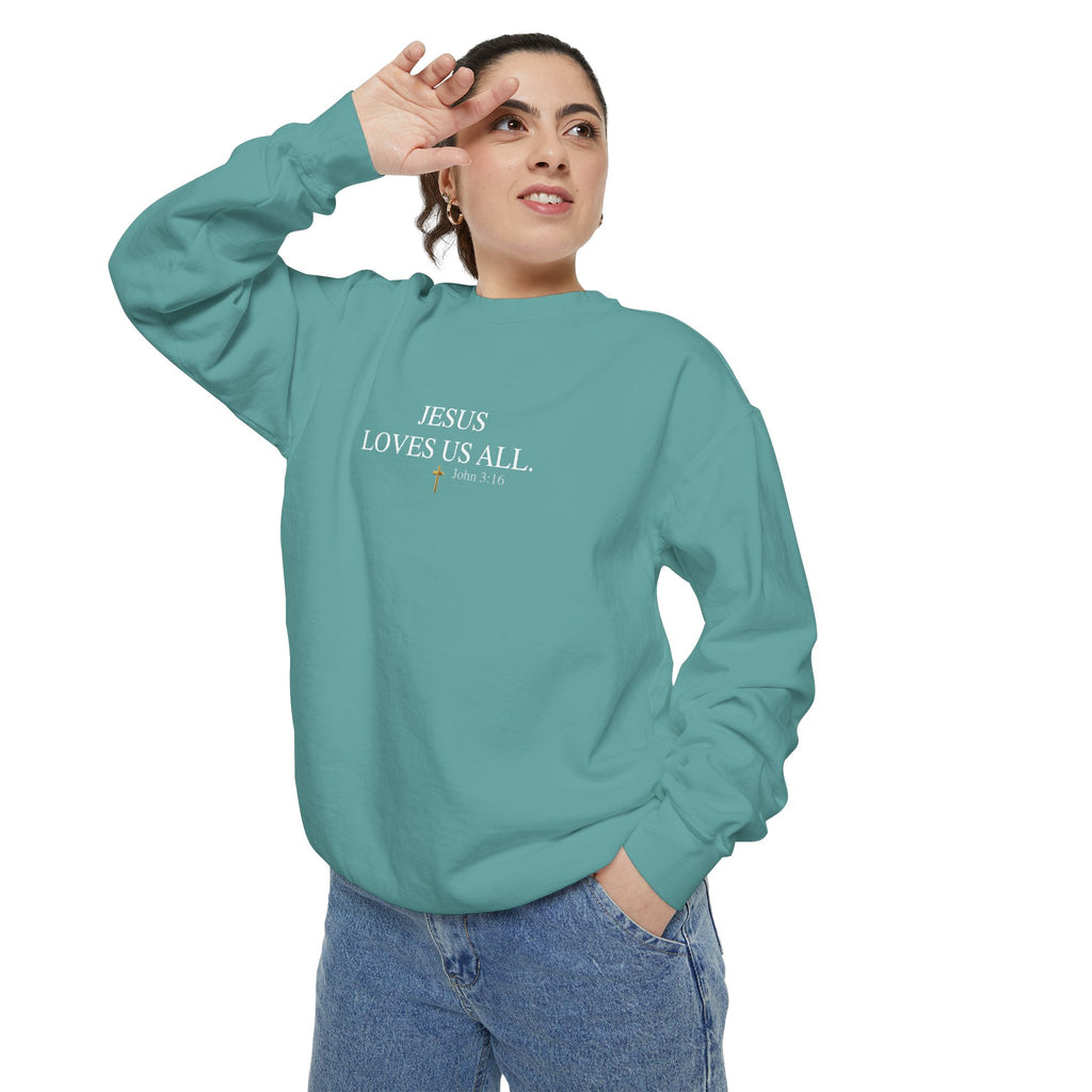 Jesus Loves Us All Sweatshirt – John 3:16 (White Logo)