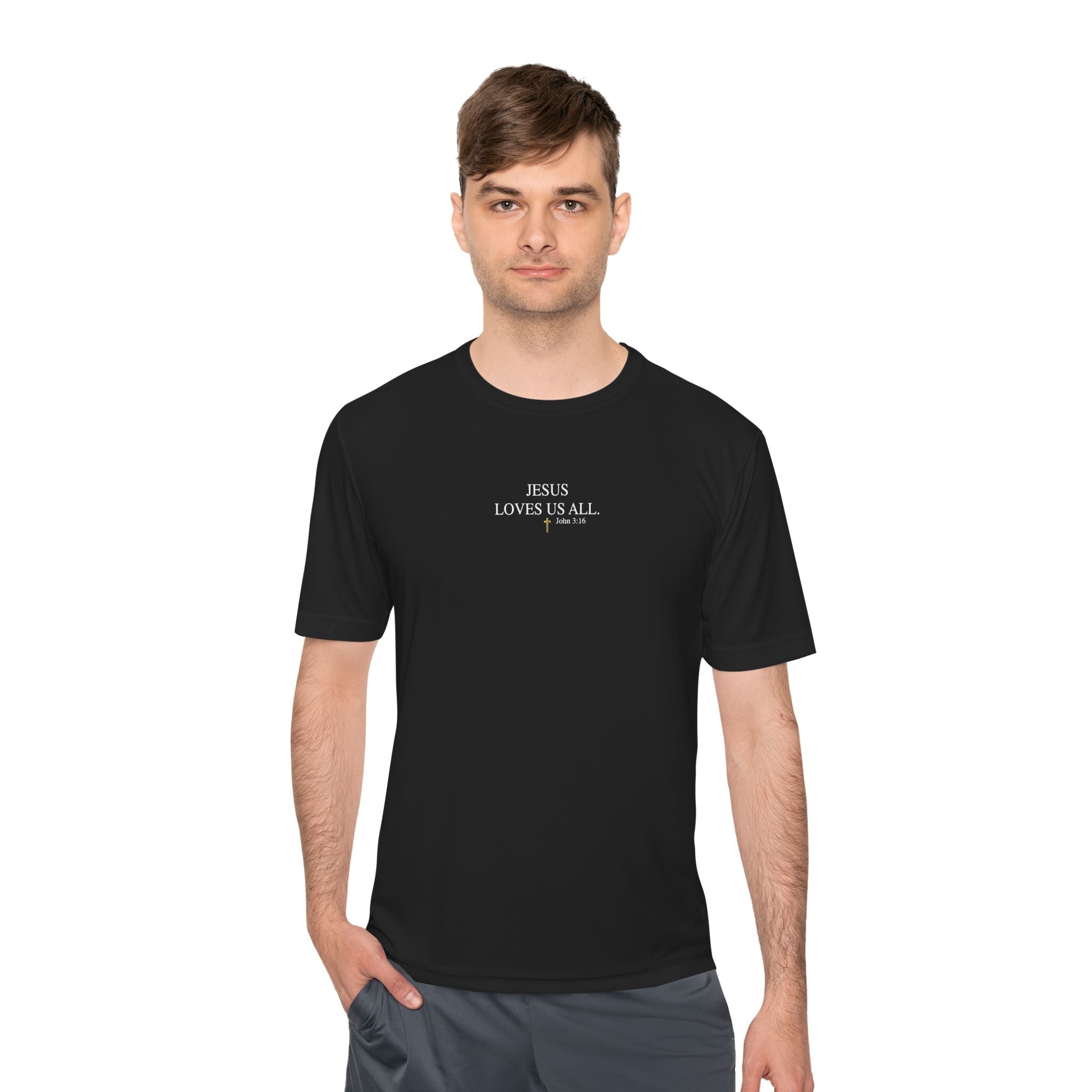 Jesus Loves Us All. — John 3:16 — Unisex Athletic Warm-Up Shirt (White Logo)