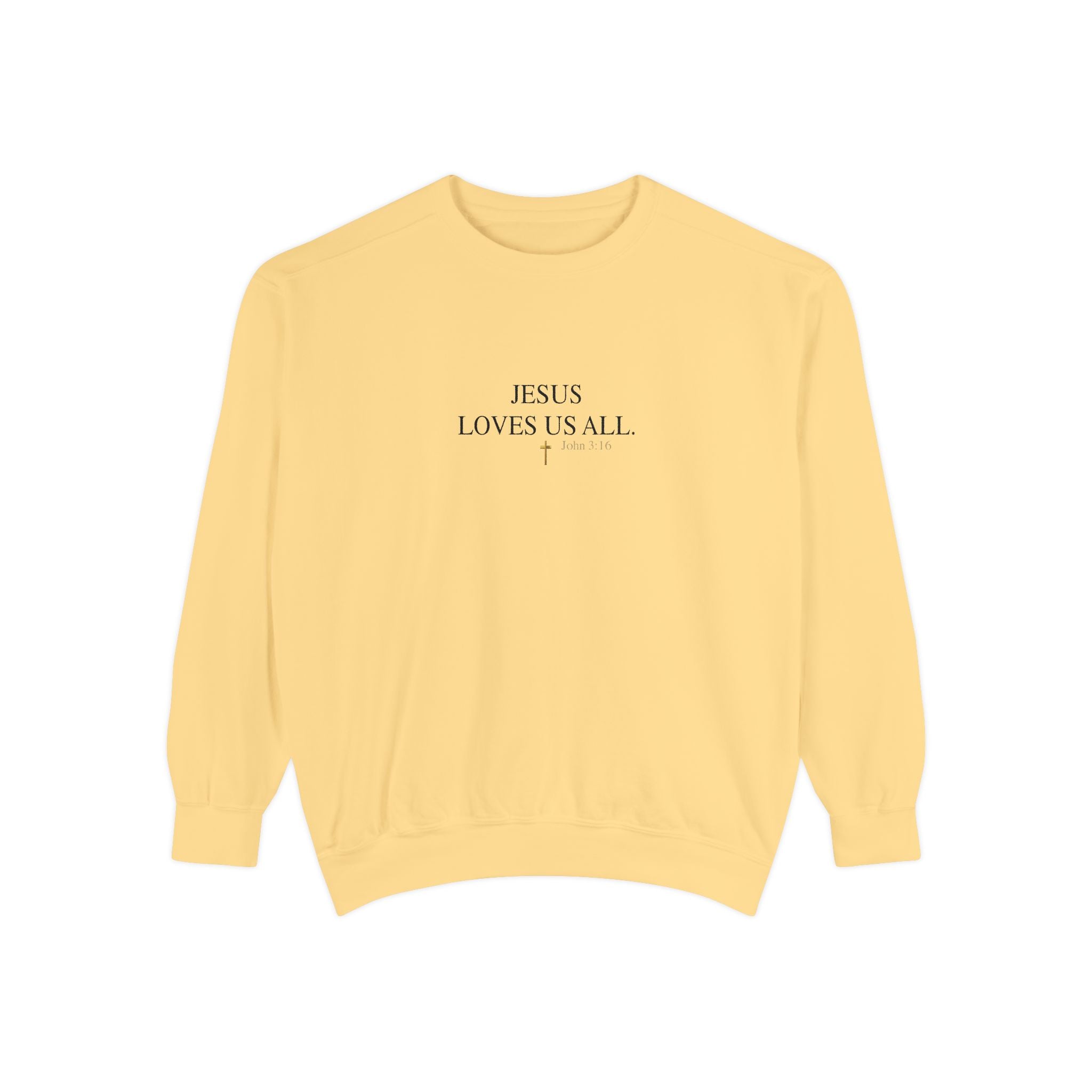 Jesus Loves Us All Sweatshirt — John 3:16 (Black Logo)