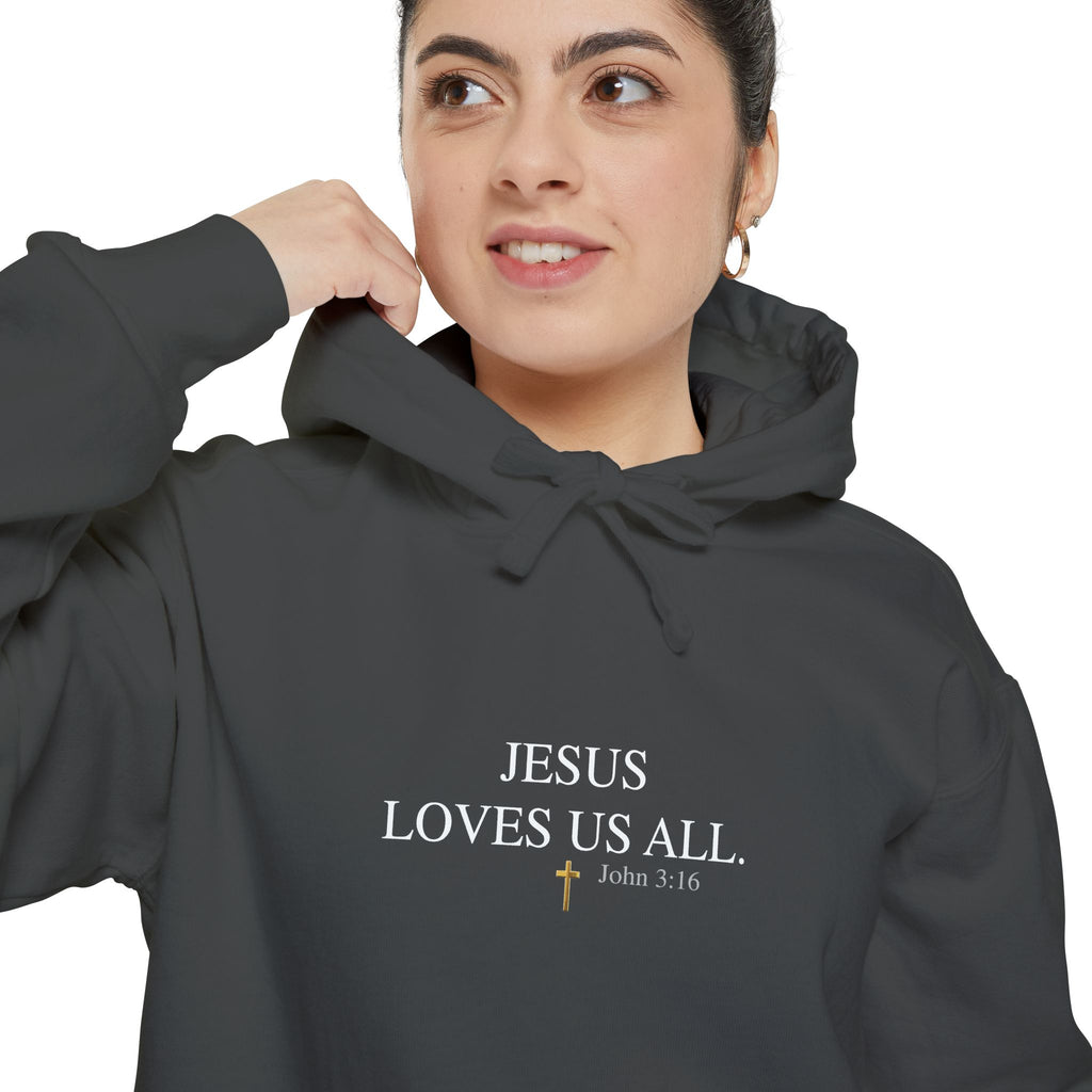 Jesus Loves Us All Hoodie - John 3:16 (White Logo)