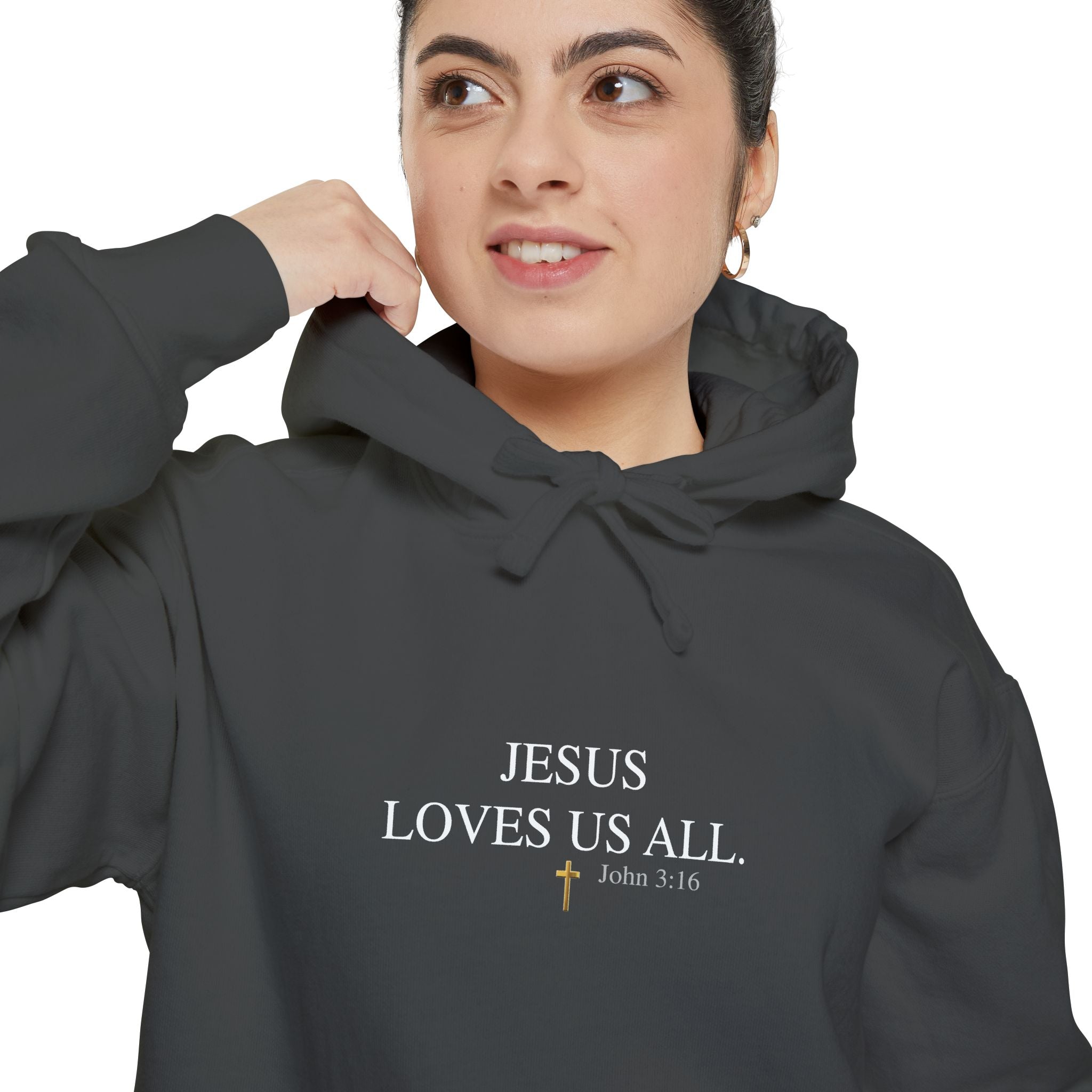 Jesus Loves Us All Hoodie - John 3:16 (White Logo)