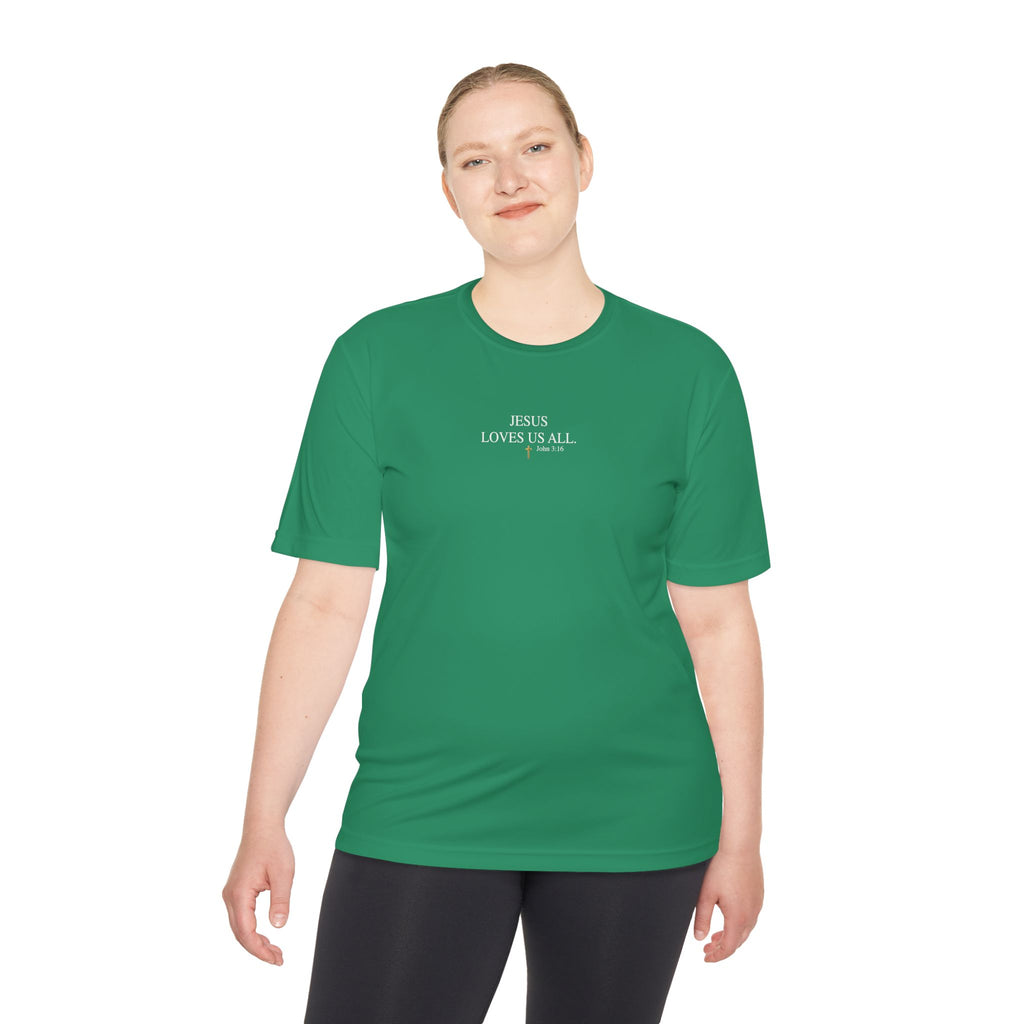 Jesus Loves Us All. — John 3:16 — Unisex Athletic Warm-Up Shirt (White Logo)