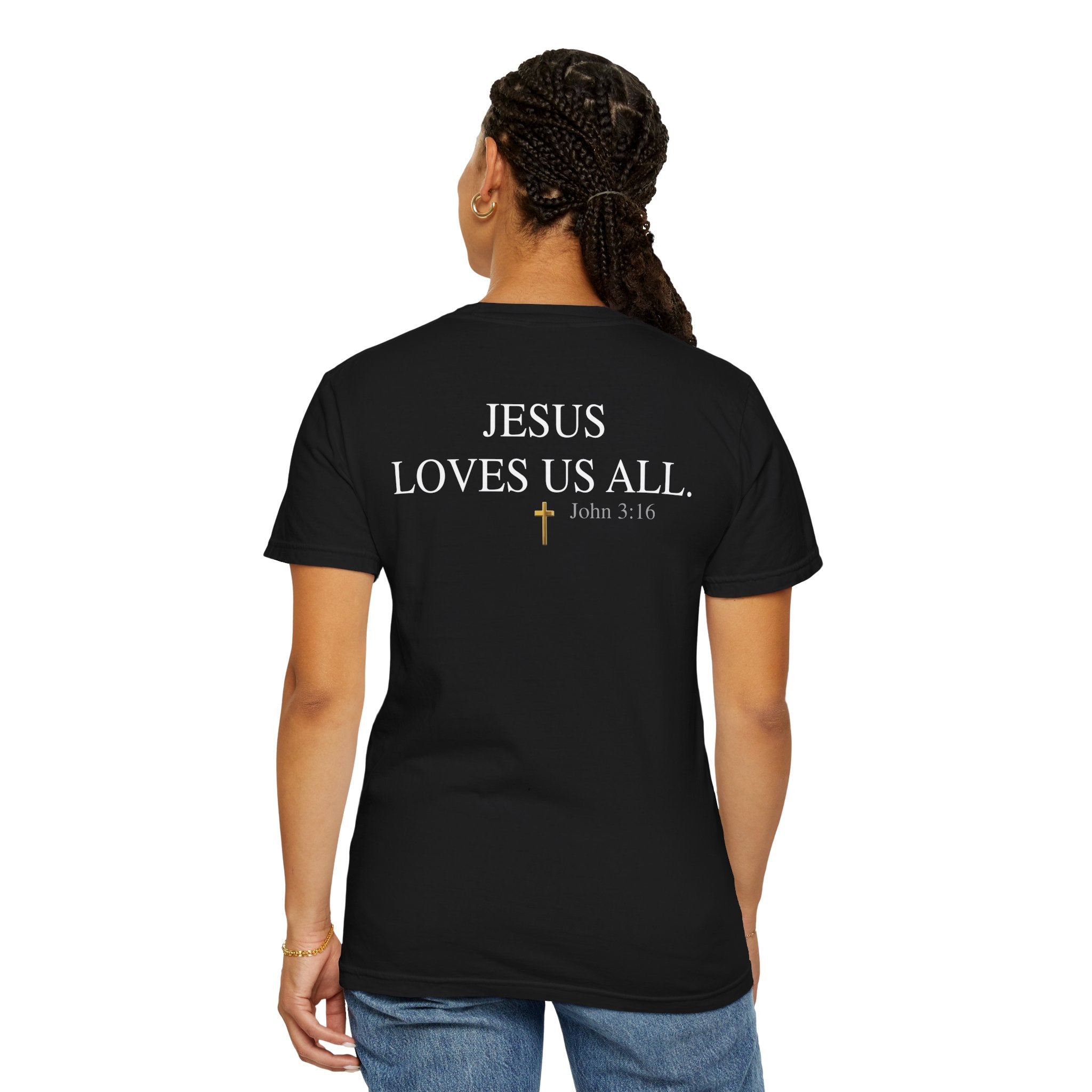 Jesus Loves Us All T-Shirt — John 3:16  (White Logo)