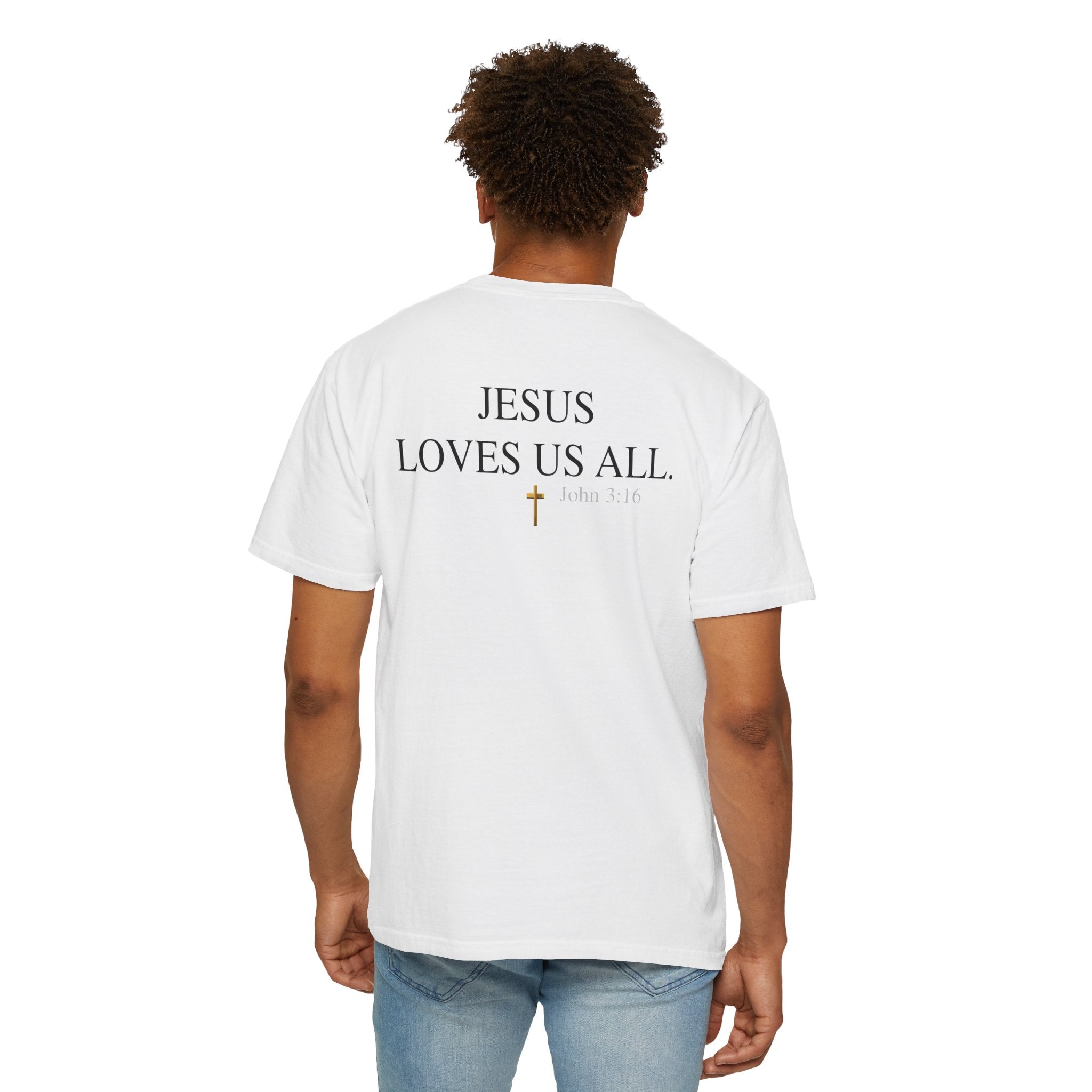Jesus Loves Us All T-Shirt — John 3:16  (Black Logo)