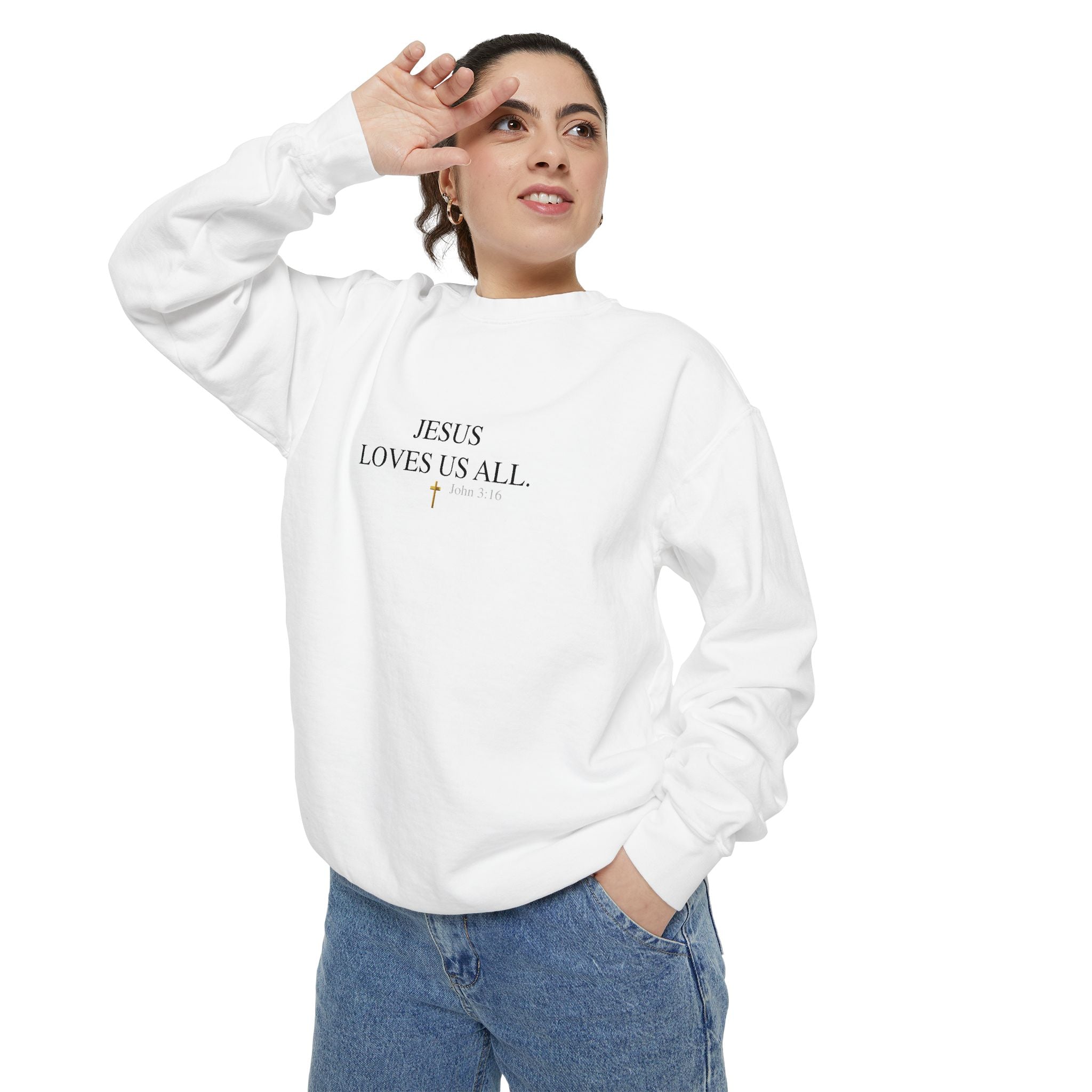Jesus Loves Us All Sweatshirt — John 3:16 (Black Logo)