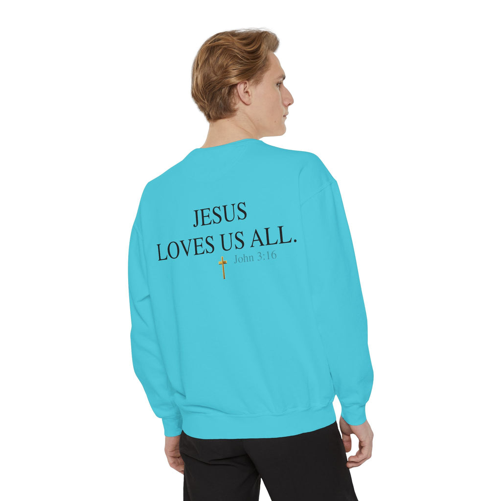 Jesus Loves Us All Sweatshirt — John 3:16 (Black Logo)