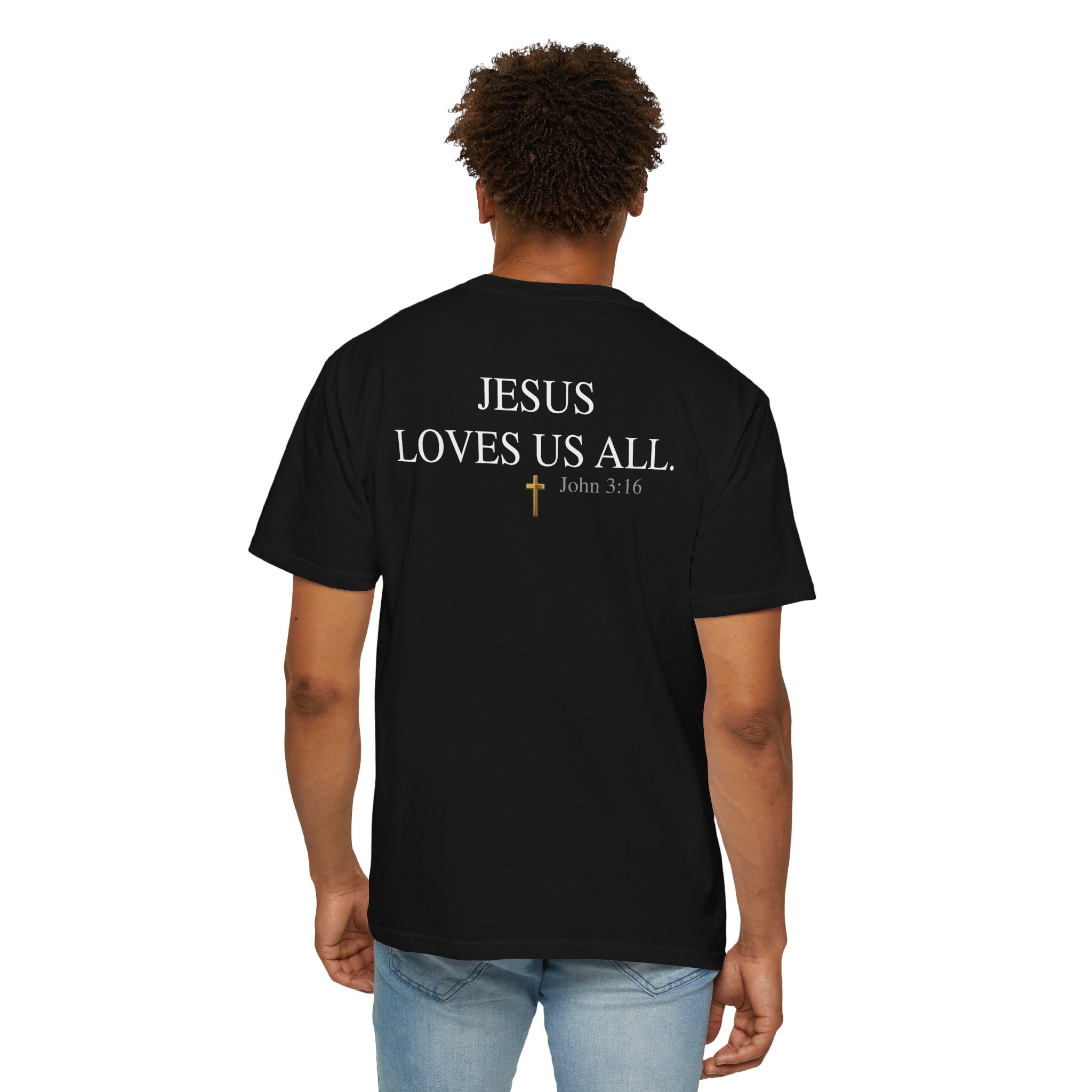 Jesus Loves Us All T-Shirt — John 3:16  (White Logo)