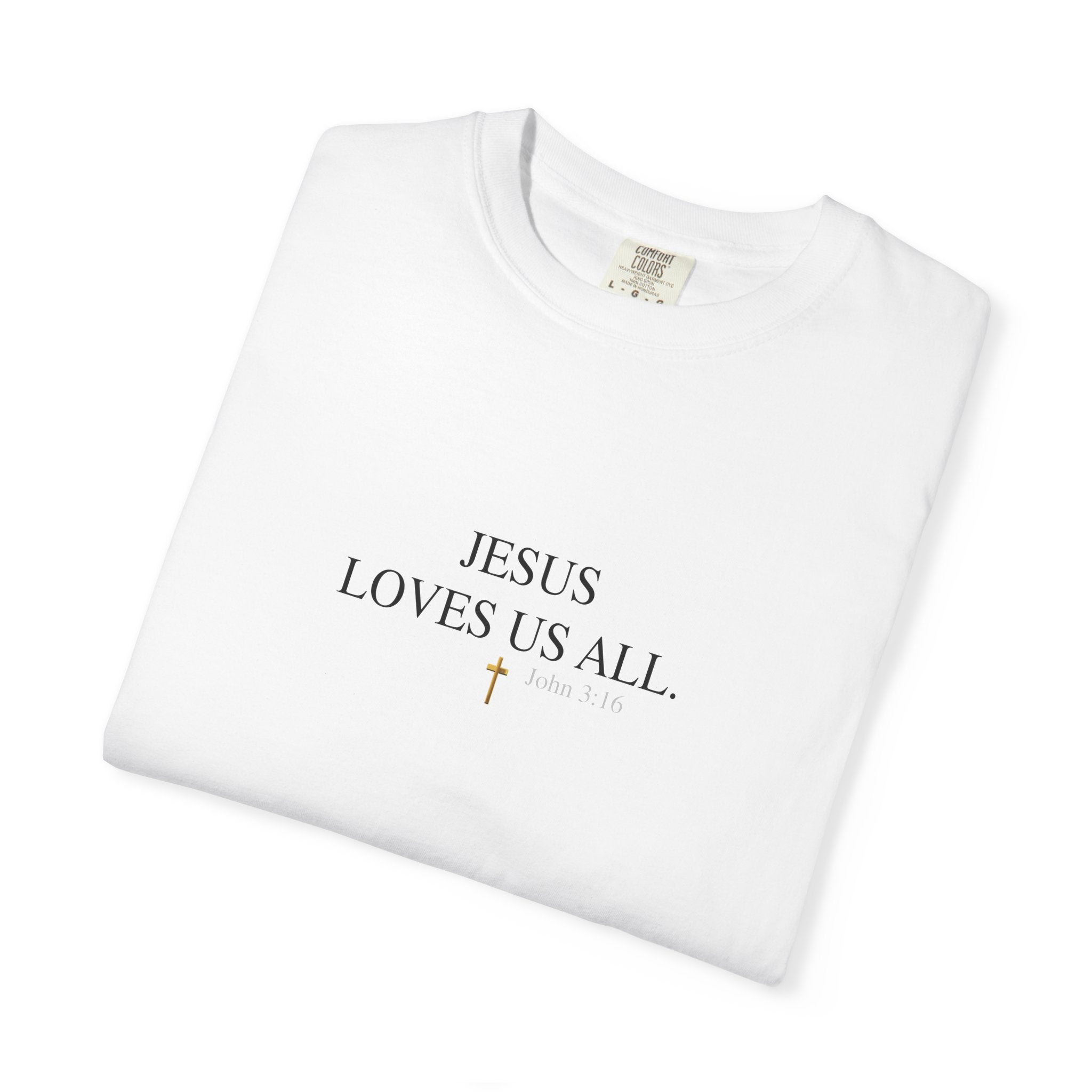 Jesus Loves Us All T-Shirt — John 3:16  (Black Logo)