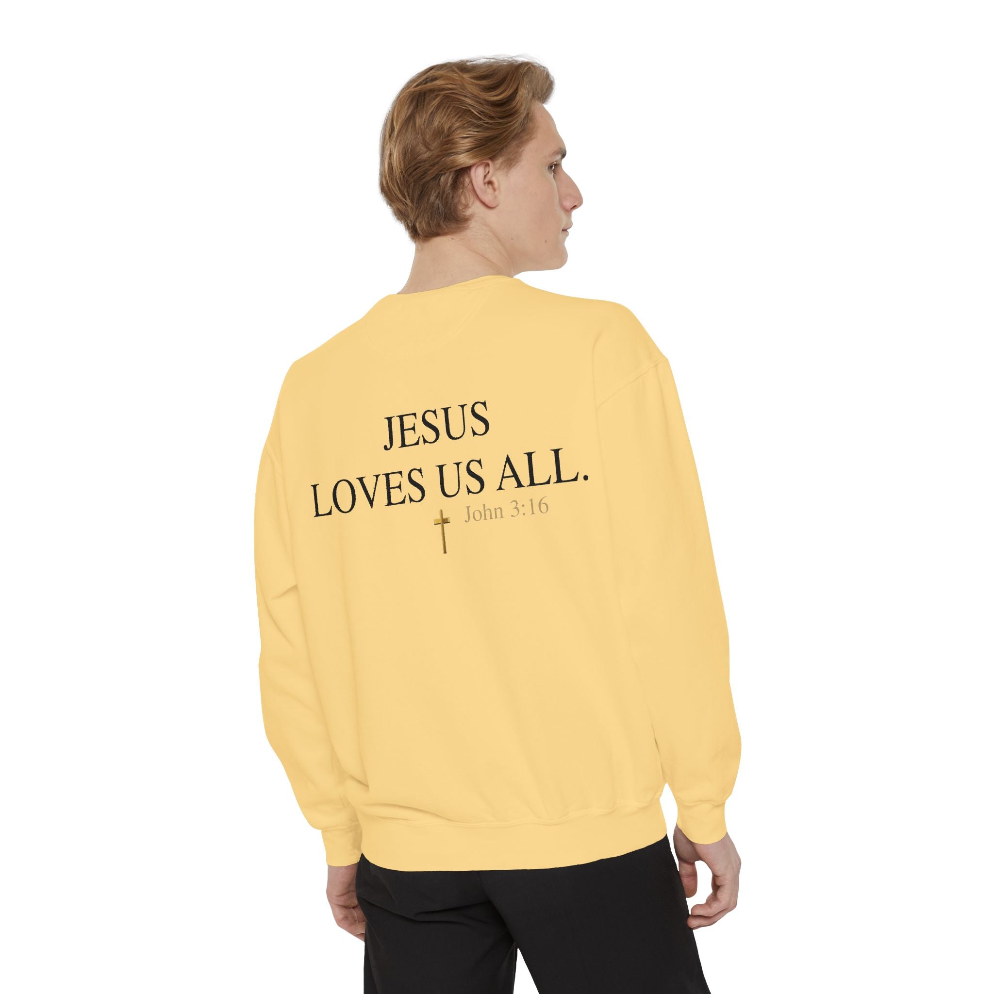 Jesus Loves Us All Sweatshirt — John 3:16 (Black Logo)