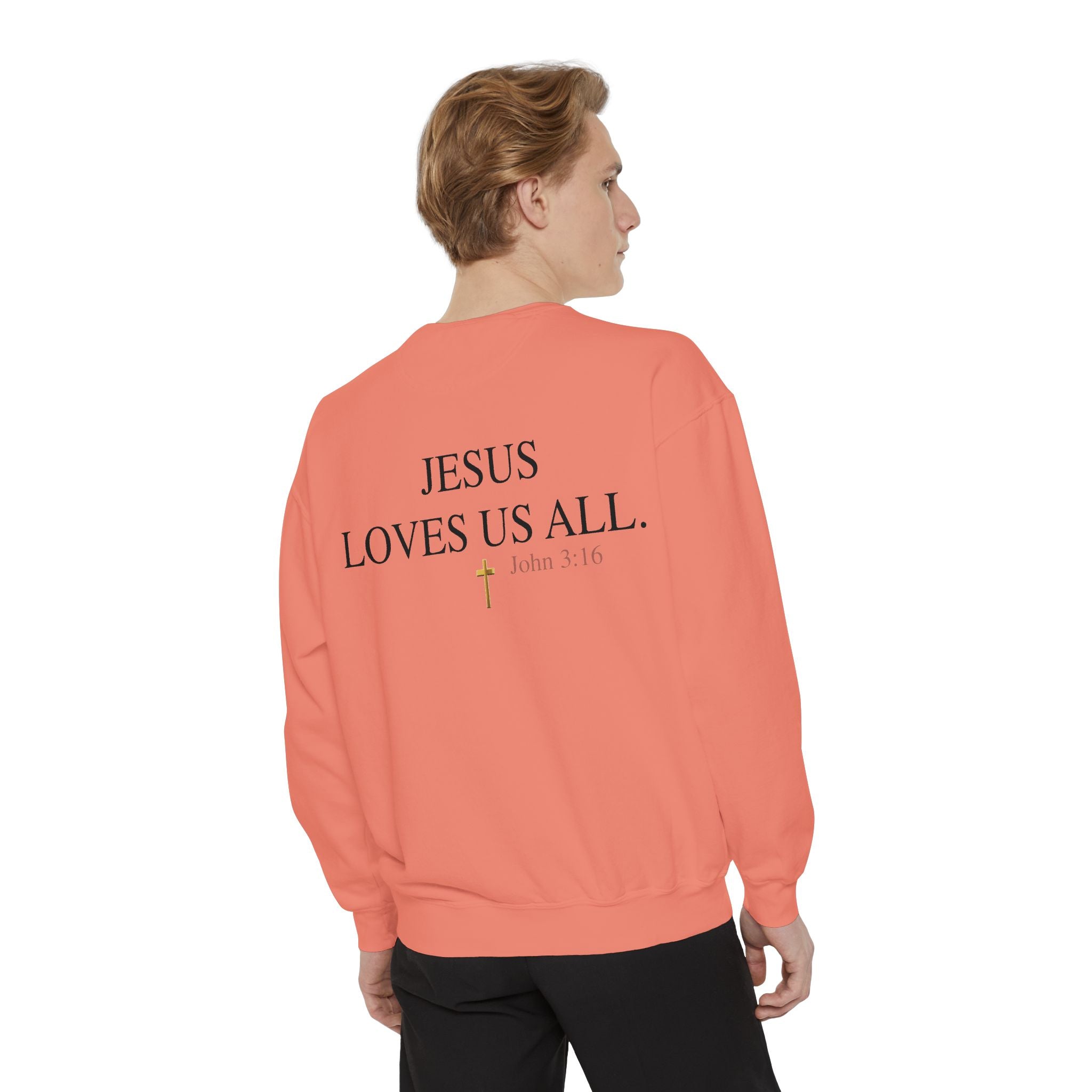 Jesus Loves Us All Sweatshirt — John 3:16 (Black Logo)