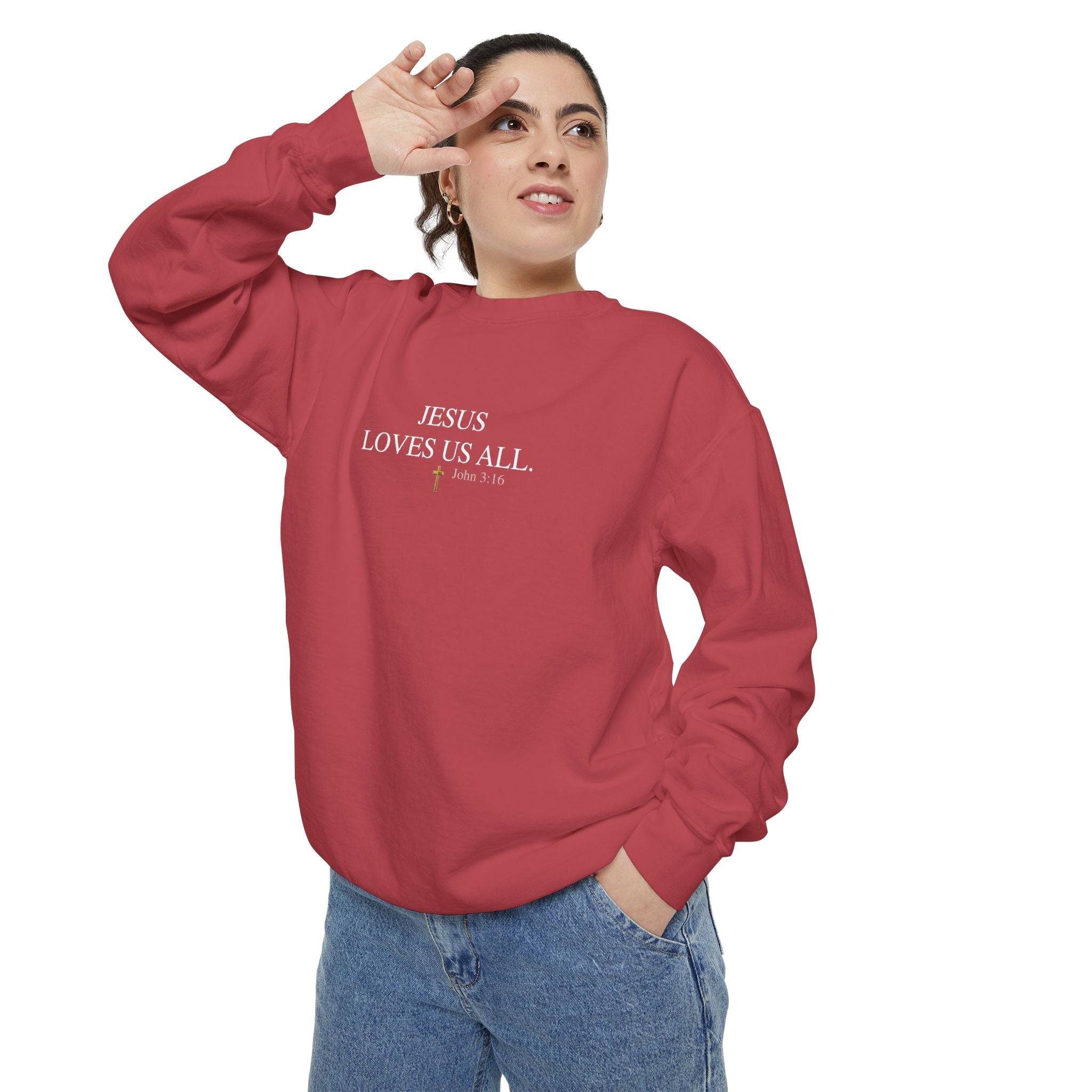 Jesus Loves Us All Sweatshirt – John 3:16 (White Logo)