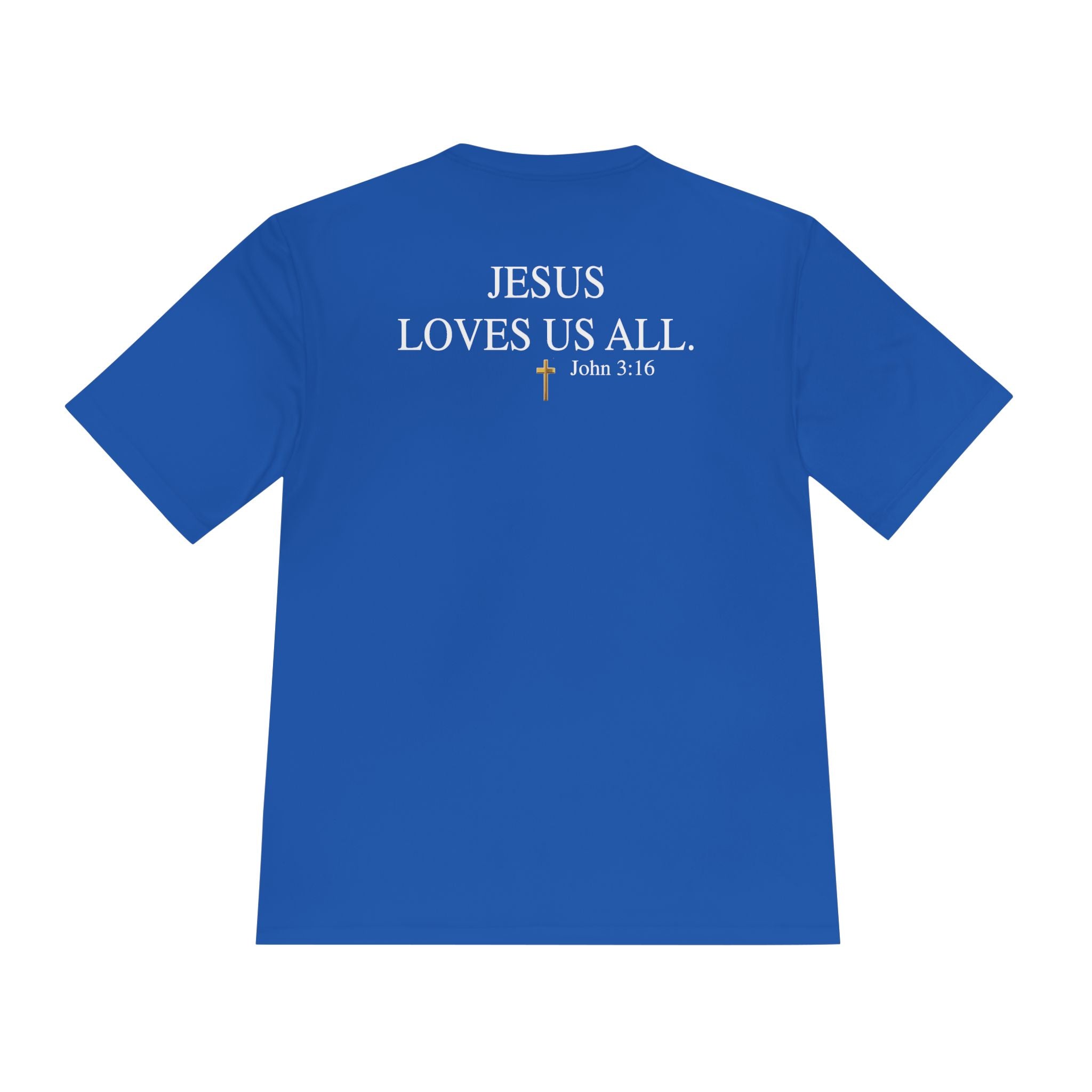Jesus Loves Us All. — John 3:16 — Unisex Athletic Warm-Up Shirt (White Logo)