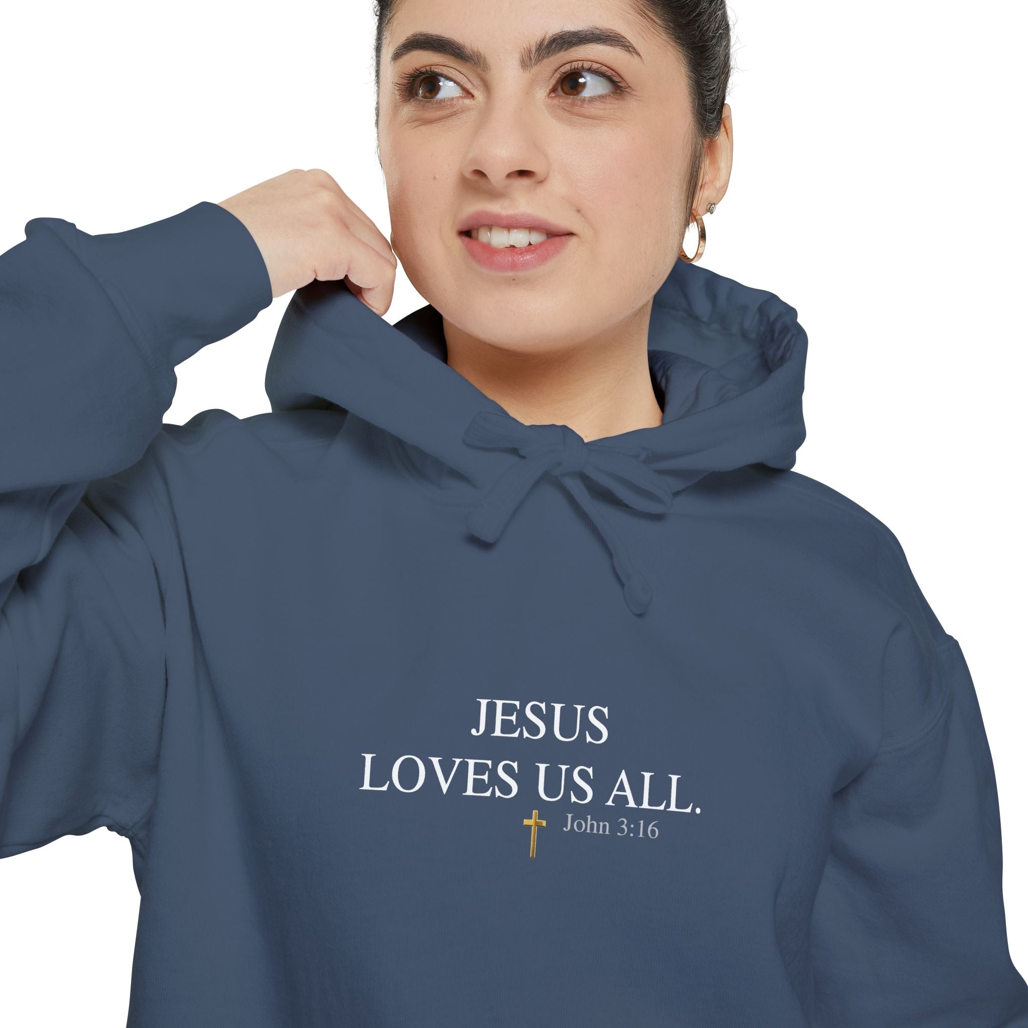 Jesus Loves Us All Hoodie - John 3:16 (White Logo)
