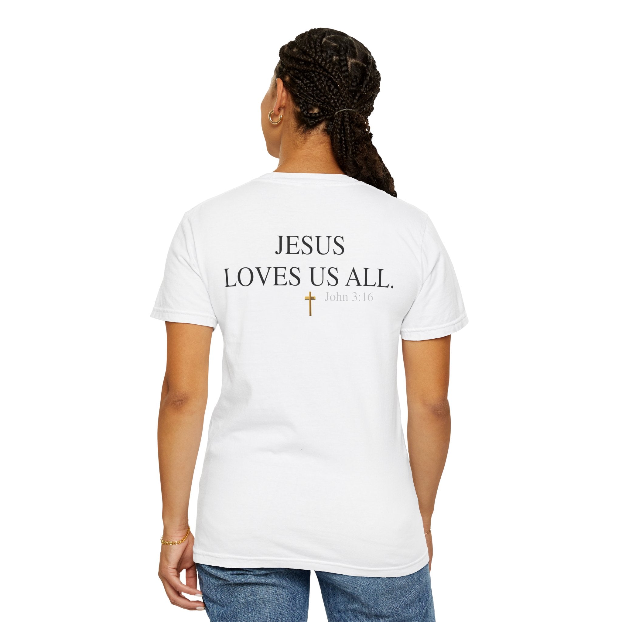 Jesus Loves Us All T-Shirt — John 3:16  (Black Logo)