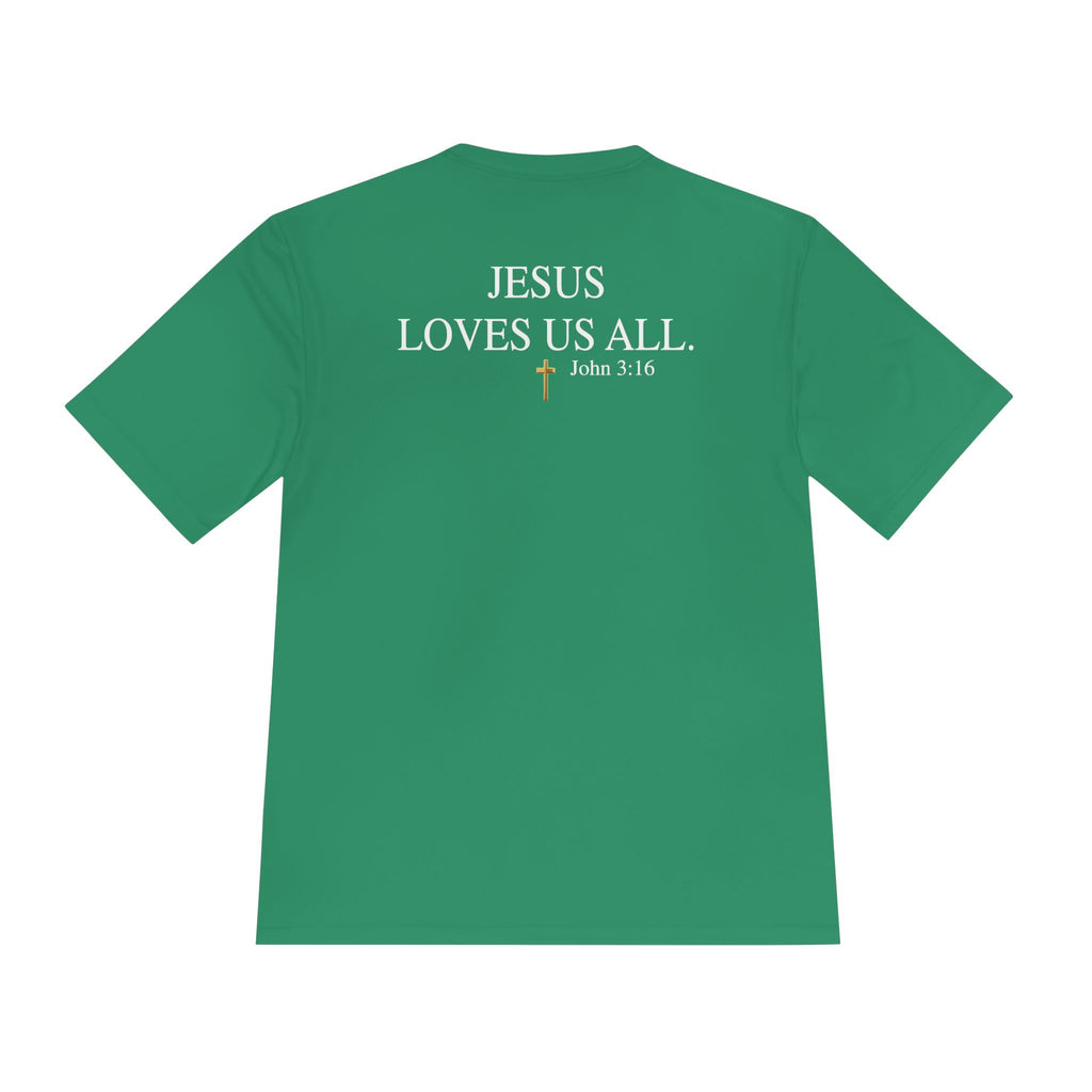 Jesus Loves Us All. — John 3:16 — Unisex Athletic Warm-Up Shirt (White Logo)