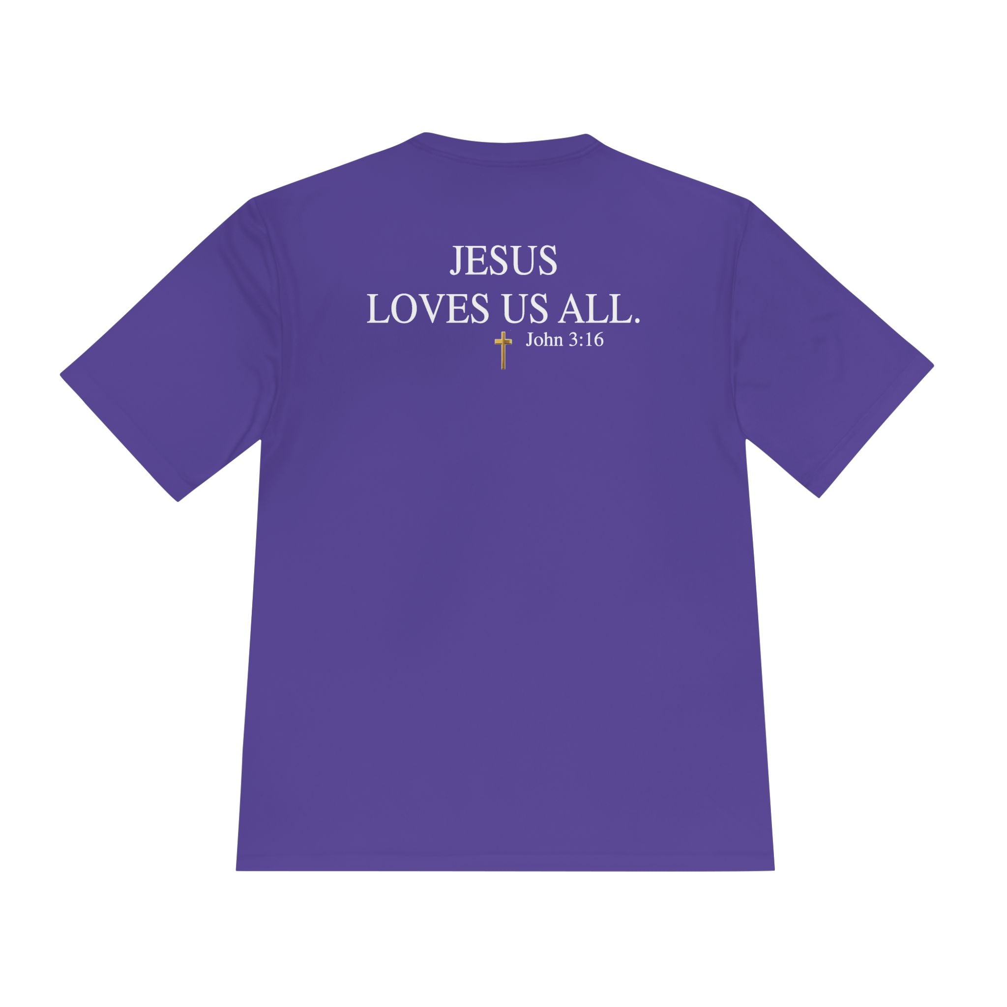 Jesus Loves Us All. — John 3:16 — Unisex Athletic Warm-Up Shirt (White Logo)