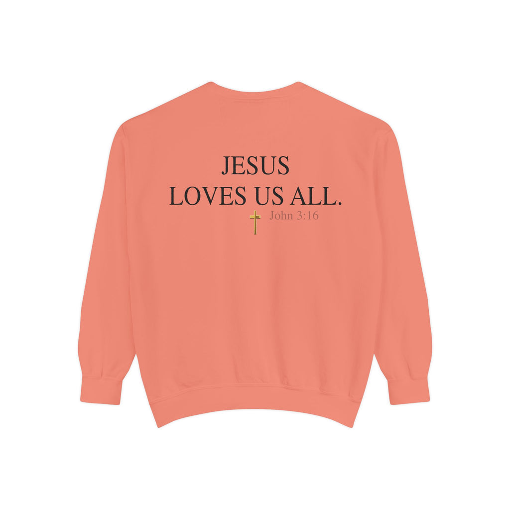 Jesus Loves Us All Sweatshirt — John 3:16 (Black Logo)