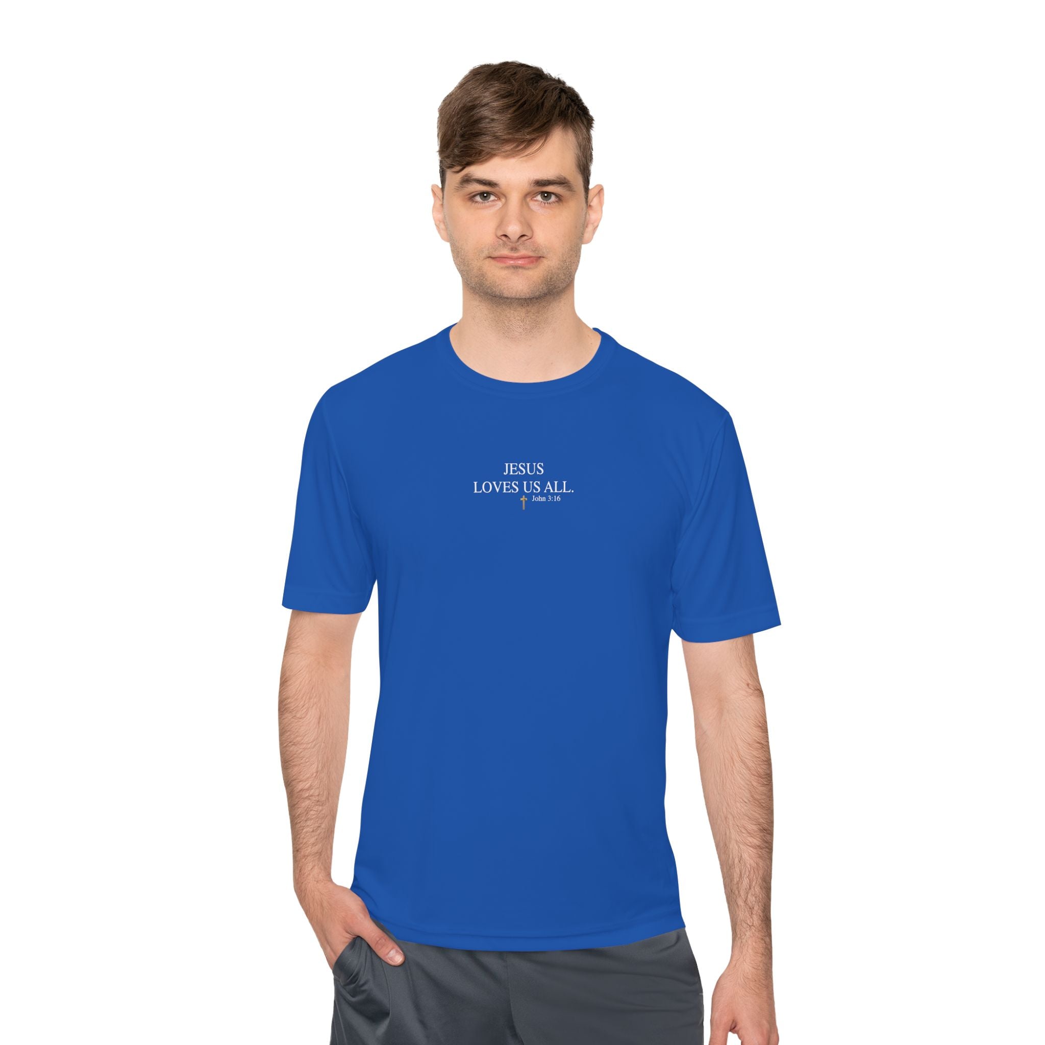 Jesus Loves Us All. — John 3:16 — Unisex Athletic Warm-Up Shirt (White Logo)