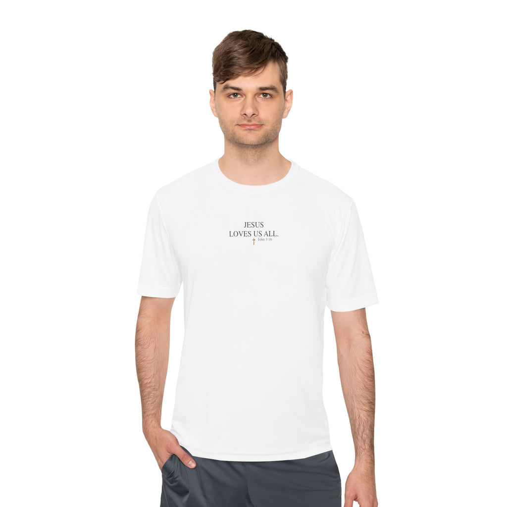 Jesus Loves Us All. — John 3:16 — Unisex Athletic Warm-Up Shirt (Black Logo)