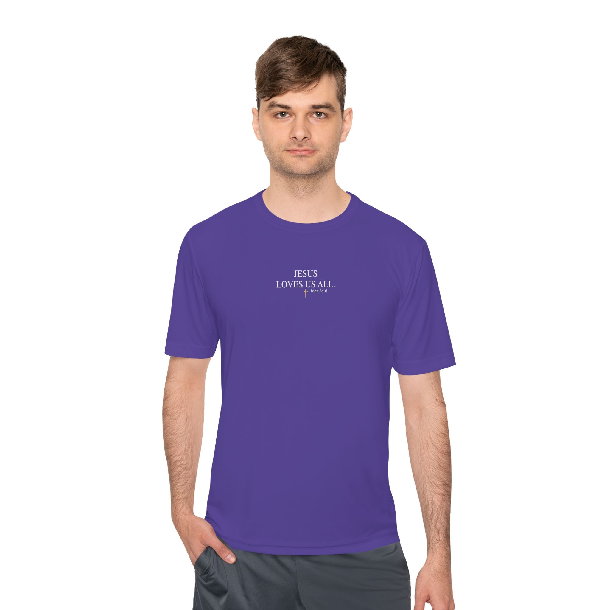 Jesus Loves Us All. — John 3:16 — Unisex Athletic Warm-Up Shirt (White Logo)