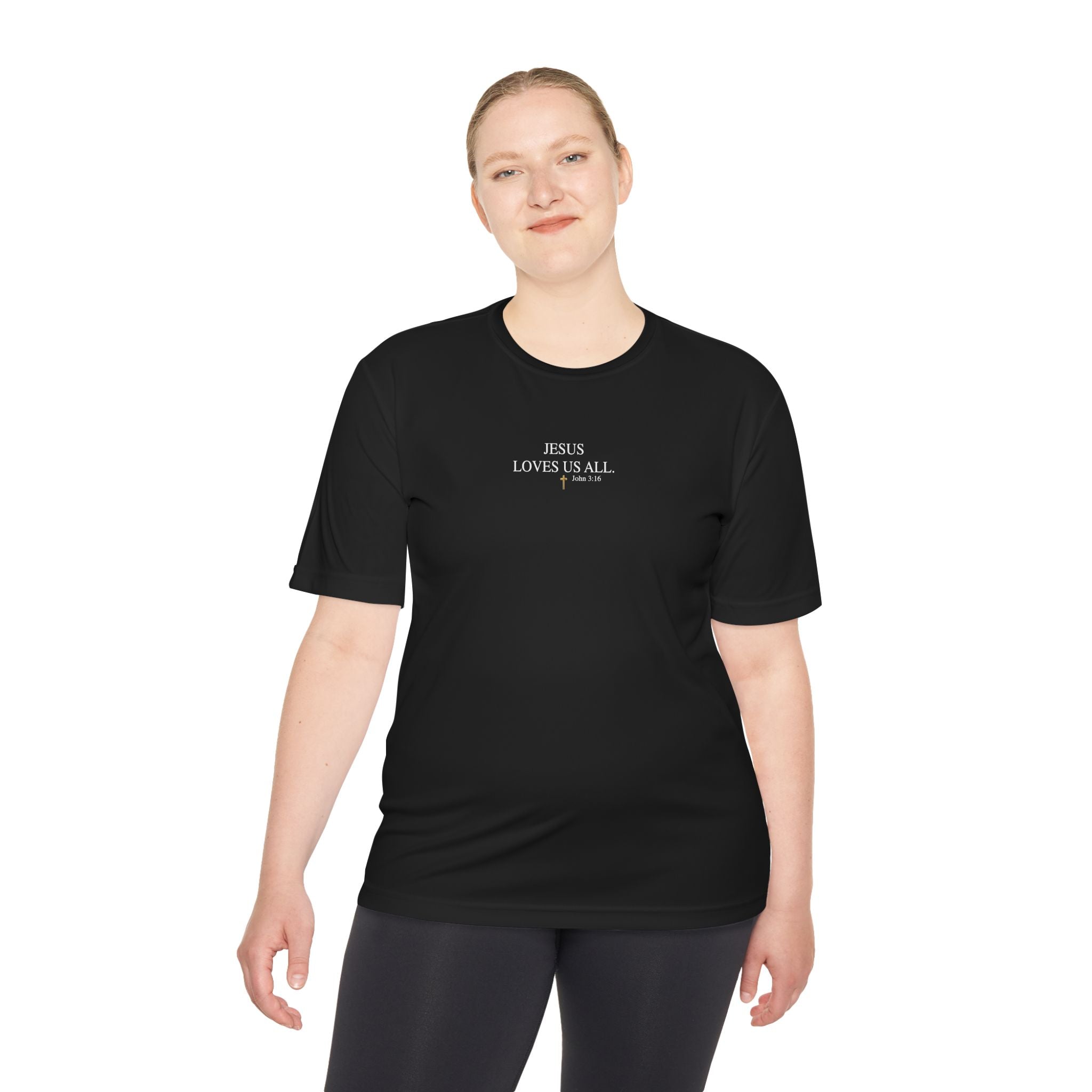 Jesus Loves Us All. — John 3:16 — Unisex Athletic Warm-Up Shirt (White Logo)