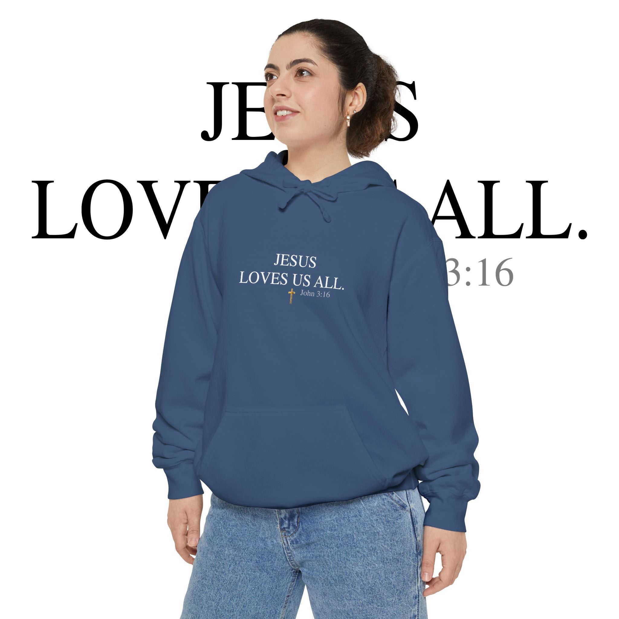 Jesus Loves Us All Hoodie - John 3:16 (White Logo)