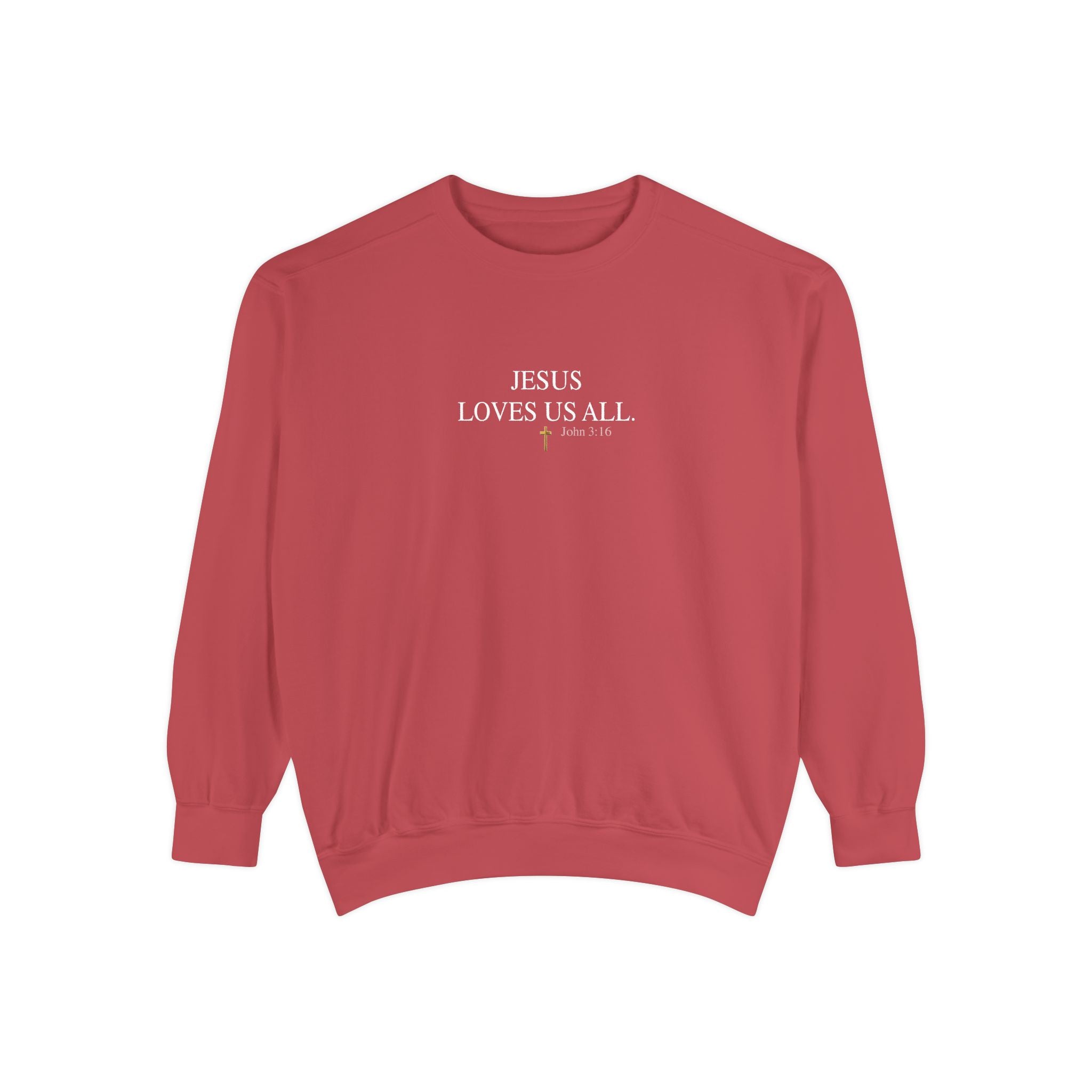 Jesus Loves Us All Sweatshirt – John 3:16 (White Logo)